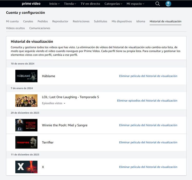 Cómo borrar el historial de películas y series en Amazon Prime Video