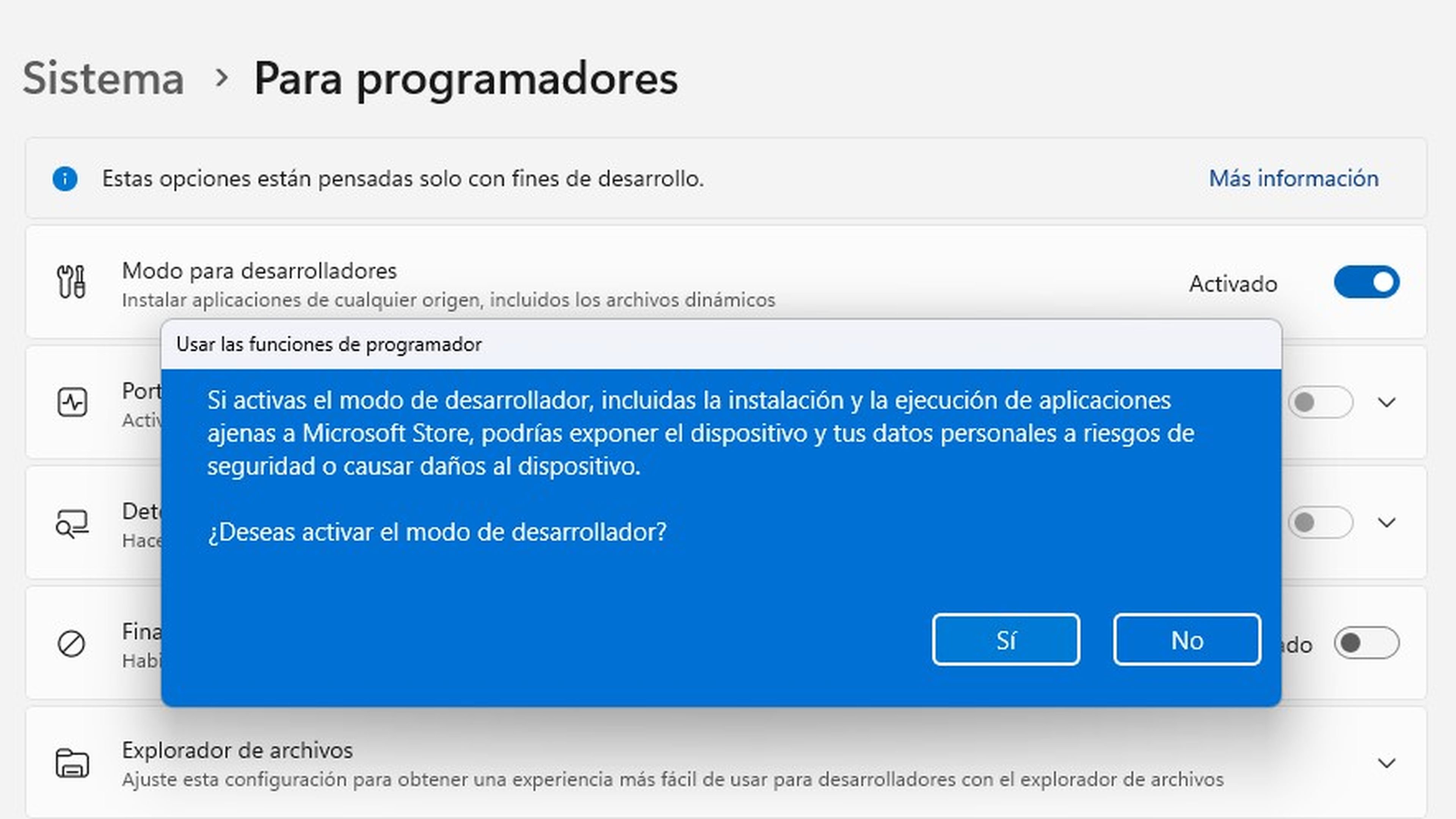 Modo desarrollador Windows 11