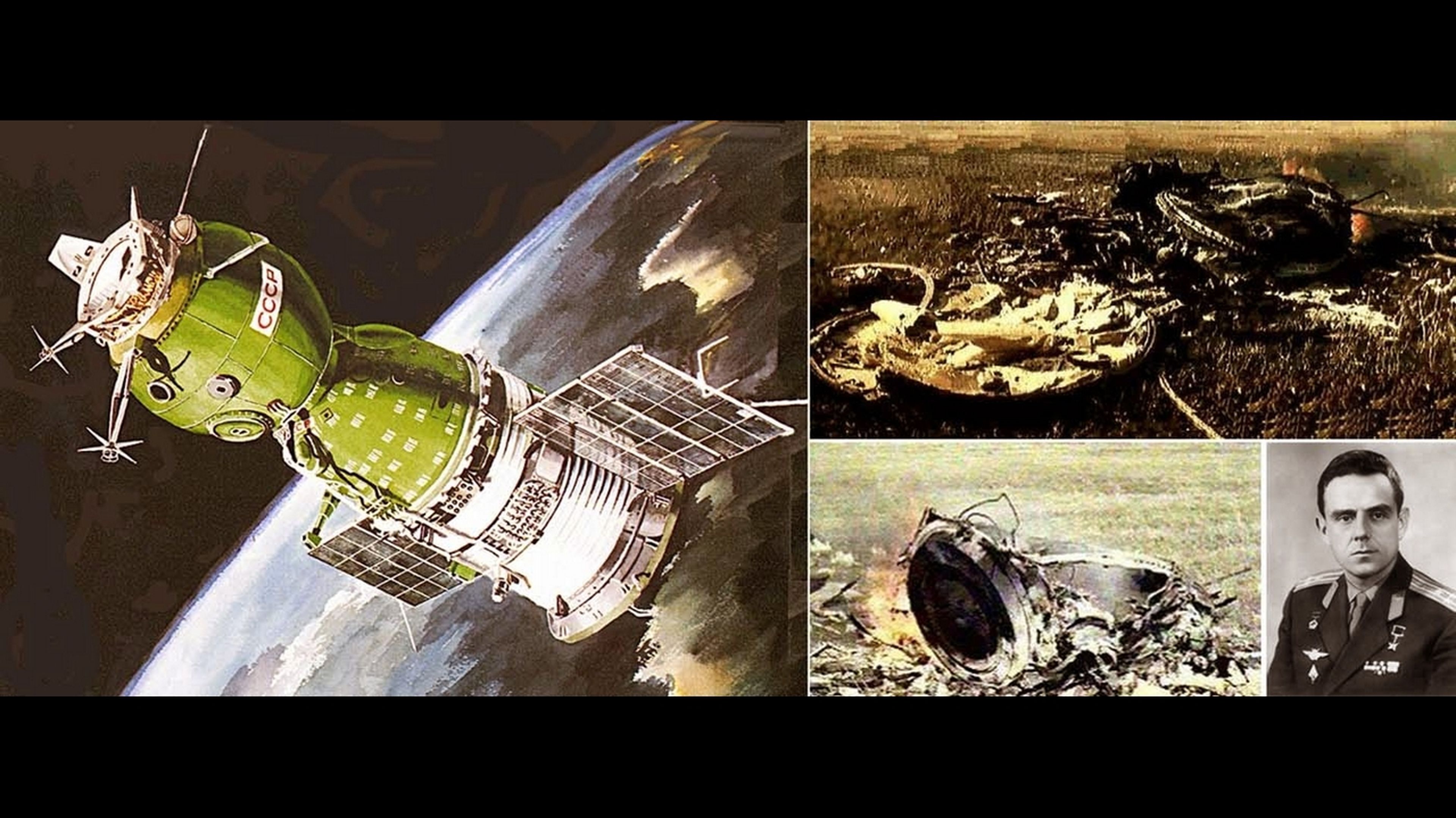 La Soyuz 1, y sus restos tras el accidente