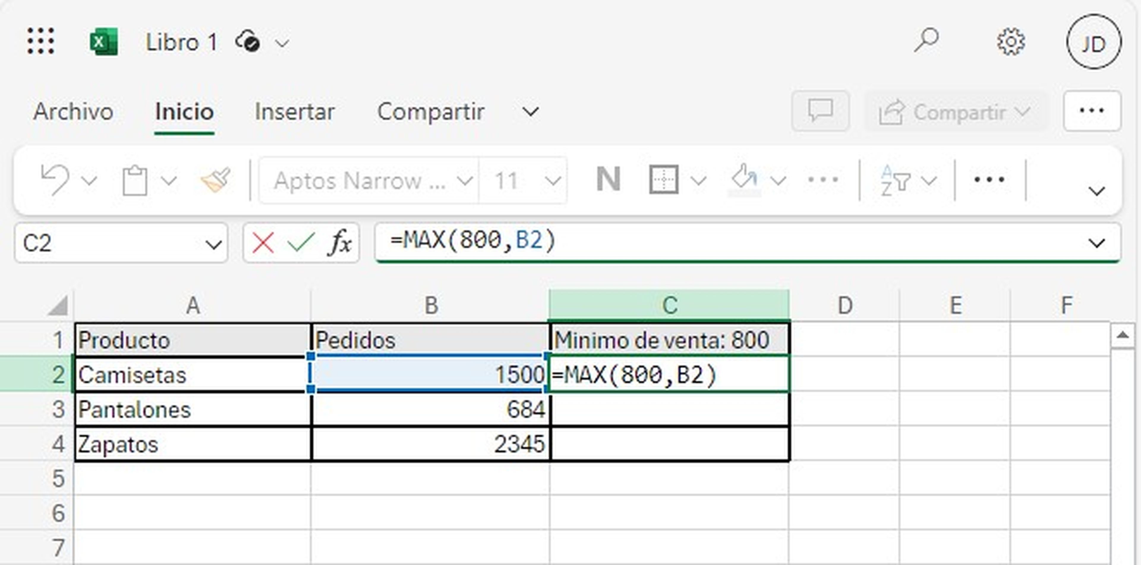 Valor mínimo en Excel
