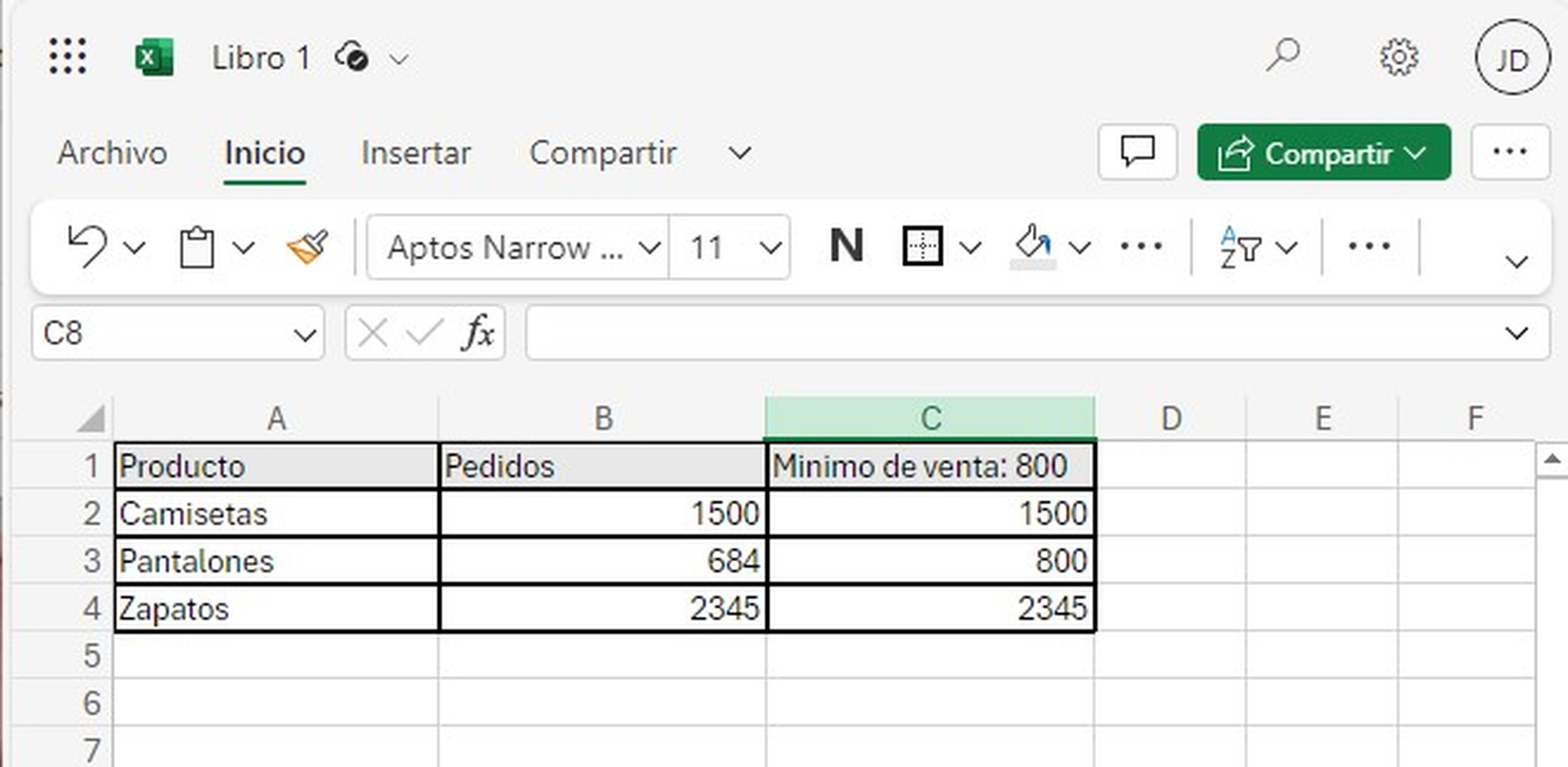 Valor mínimo en Excel