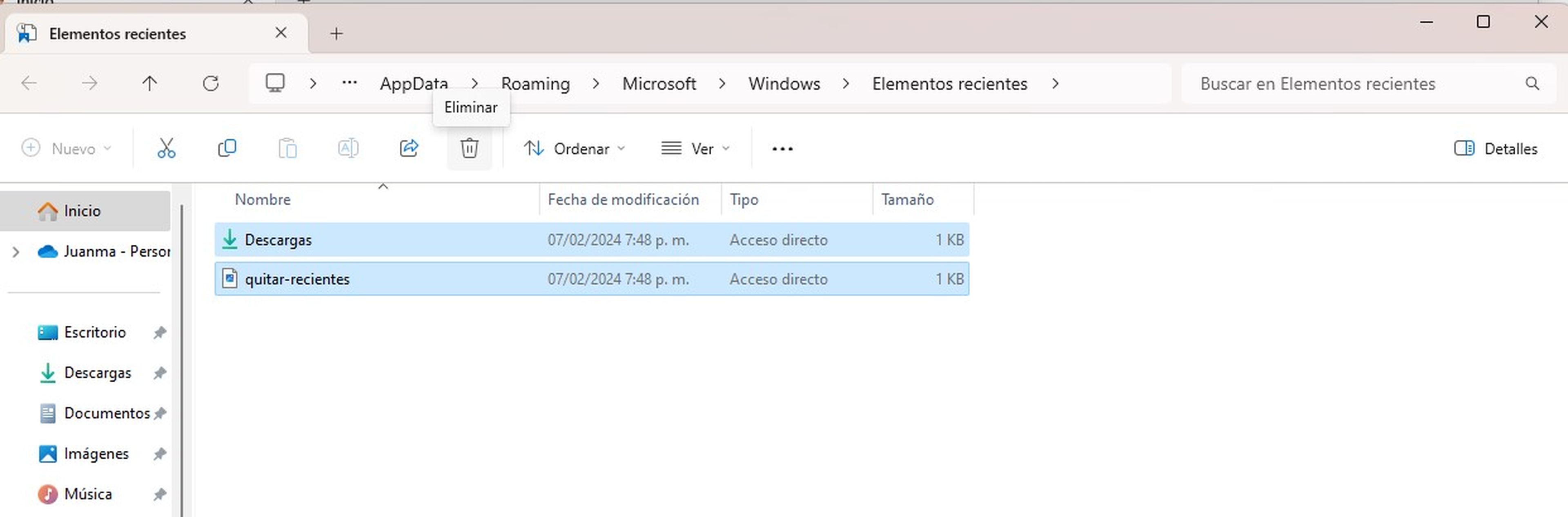 Eliminar archivos recientes en Windows 11