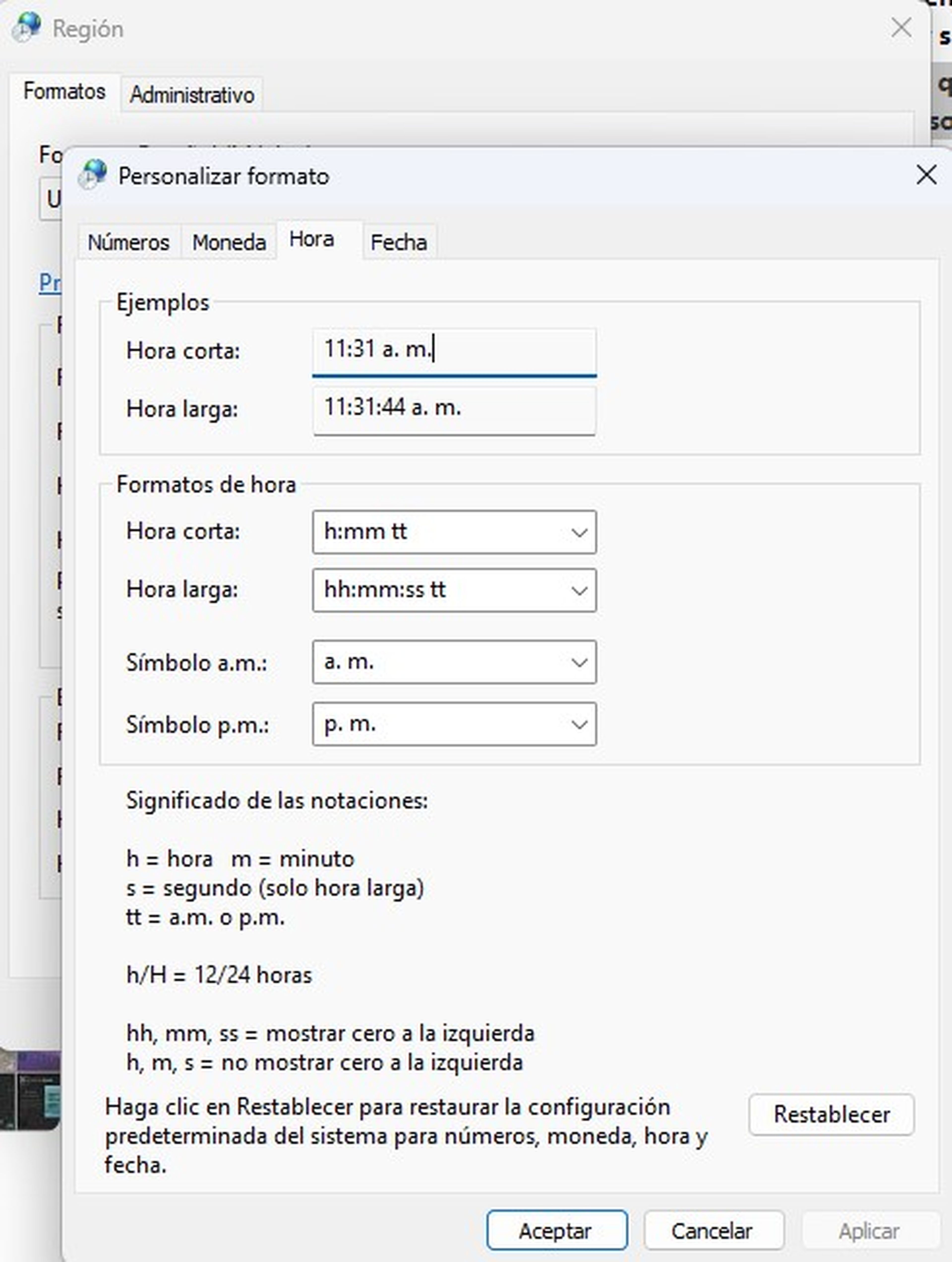 Formato de hora en Windows 11