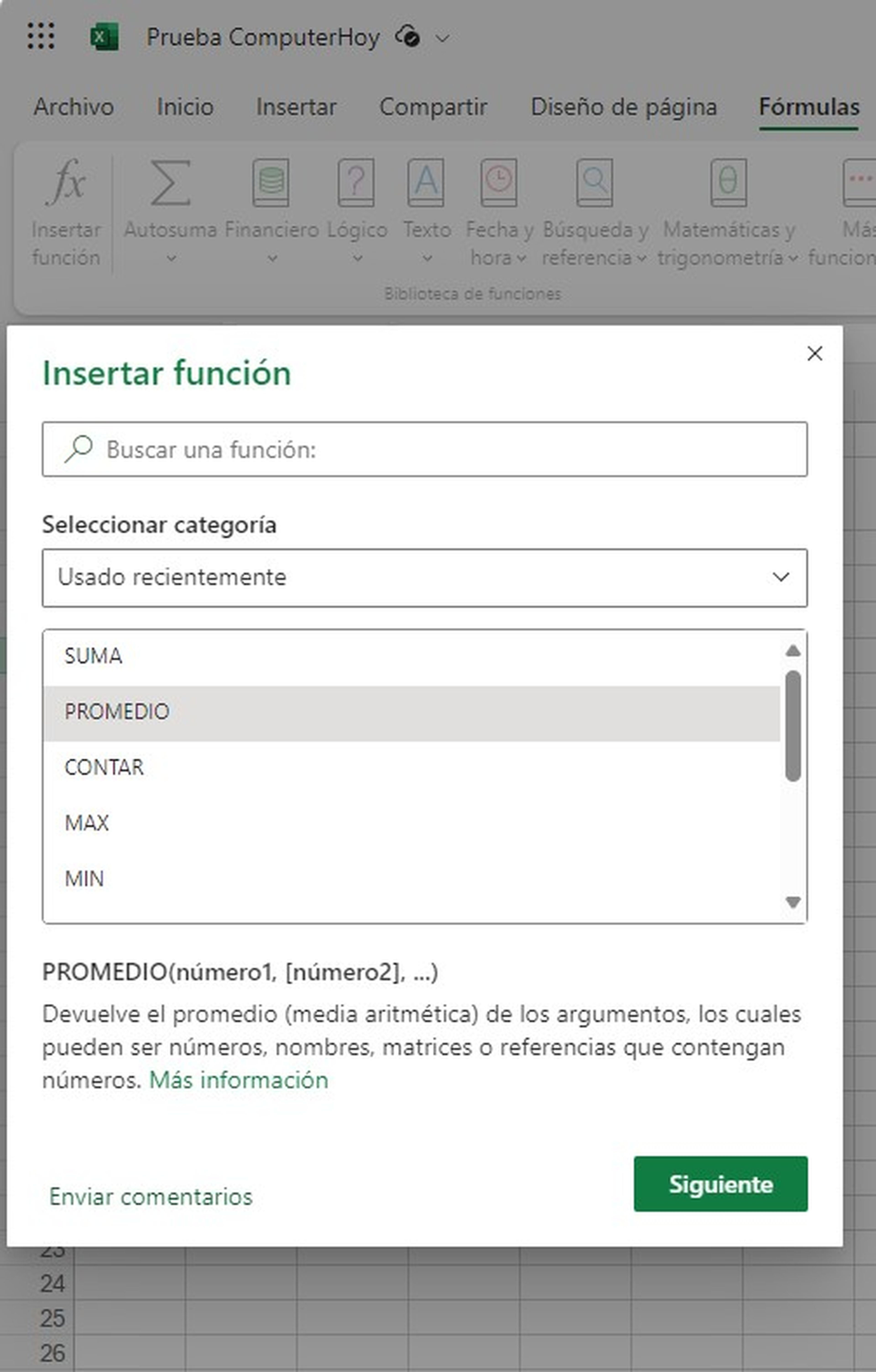 Guía de funciones de Excel