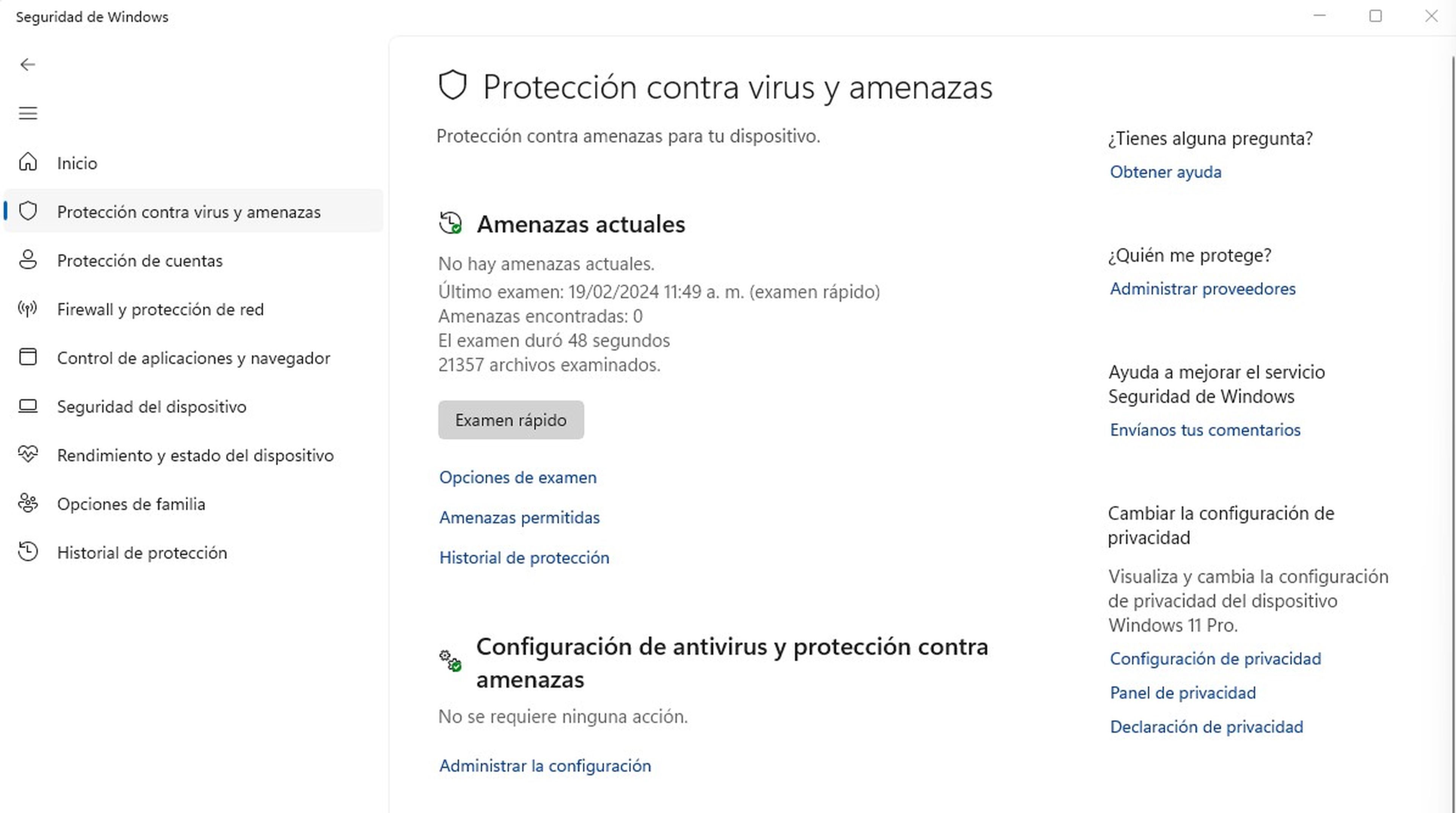 Usa el antivirus de Windows en busca de malware o virus