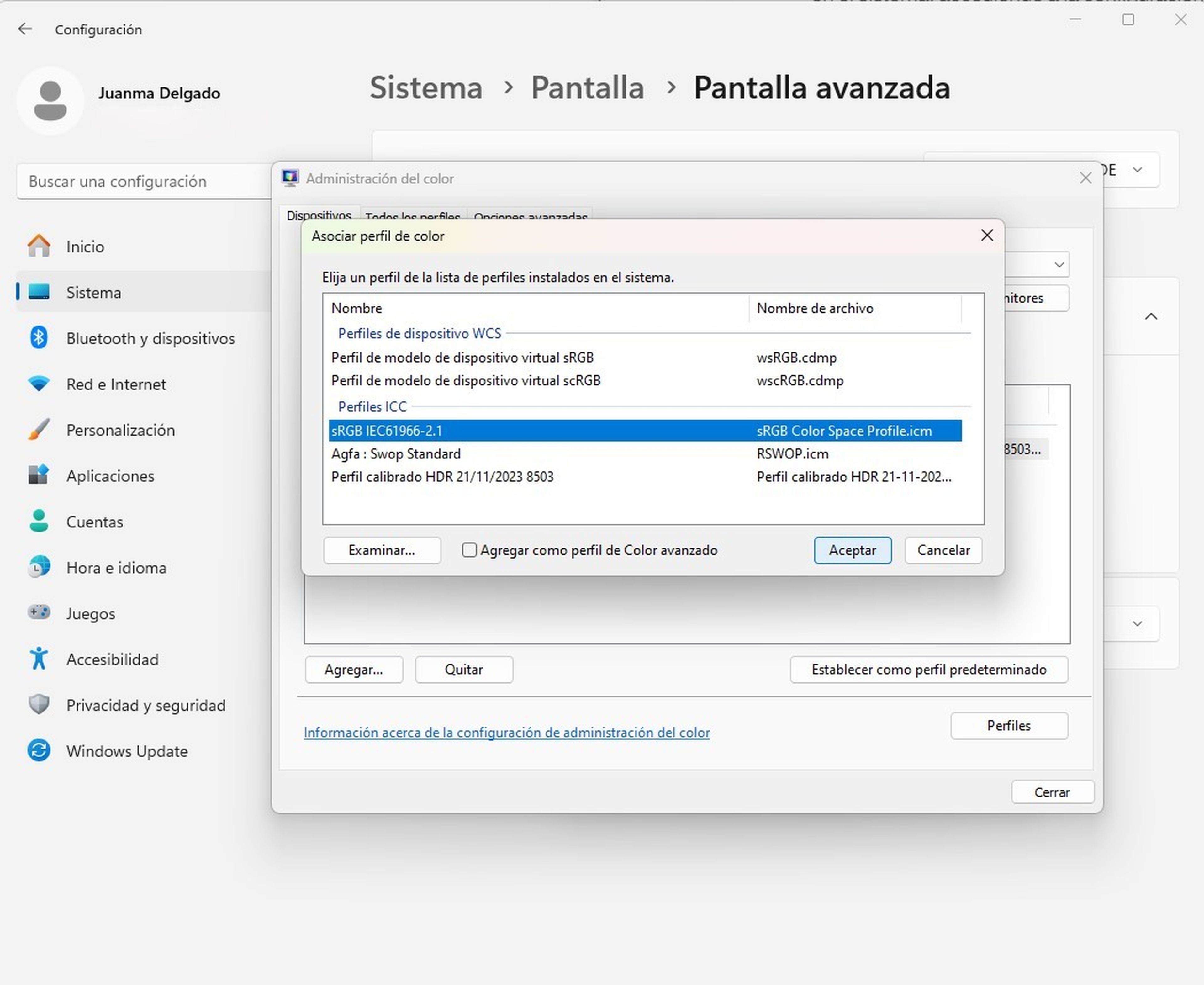 Cambia el perfil de color predeterminado