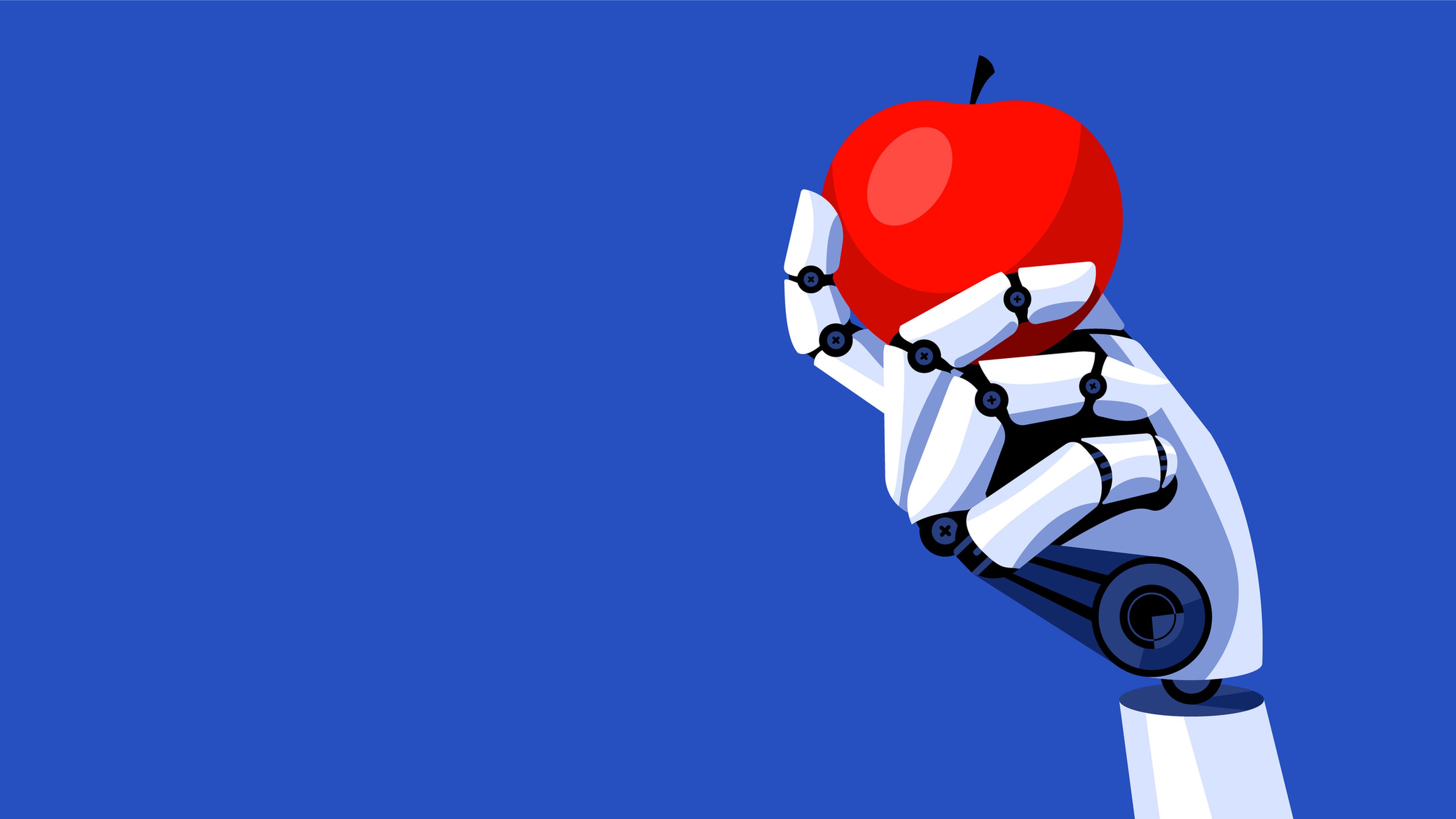 Un dibujo de un robot con una manzana