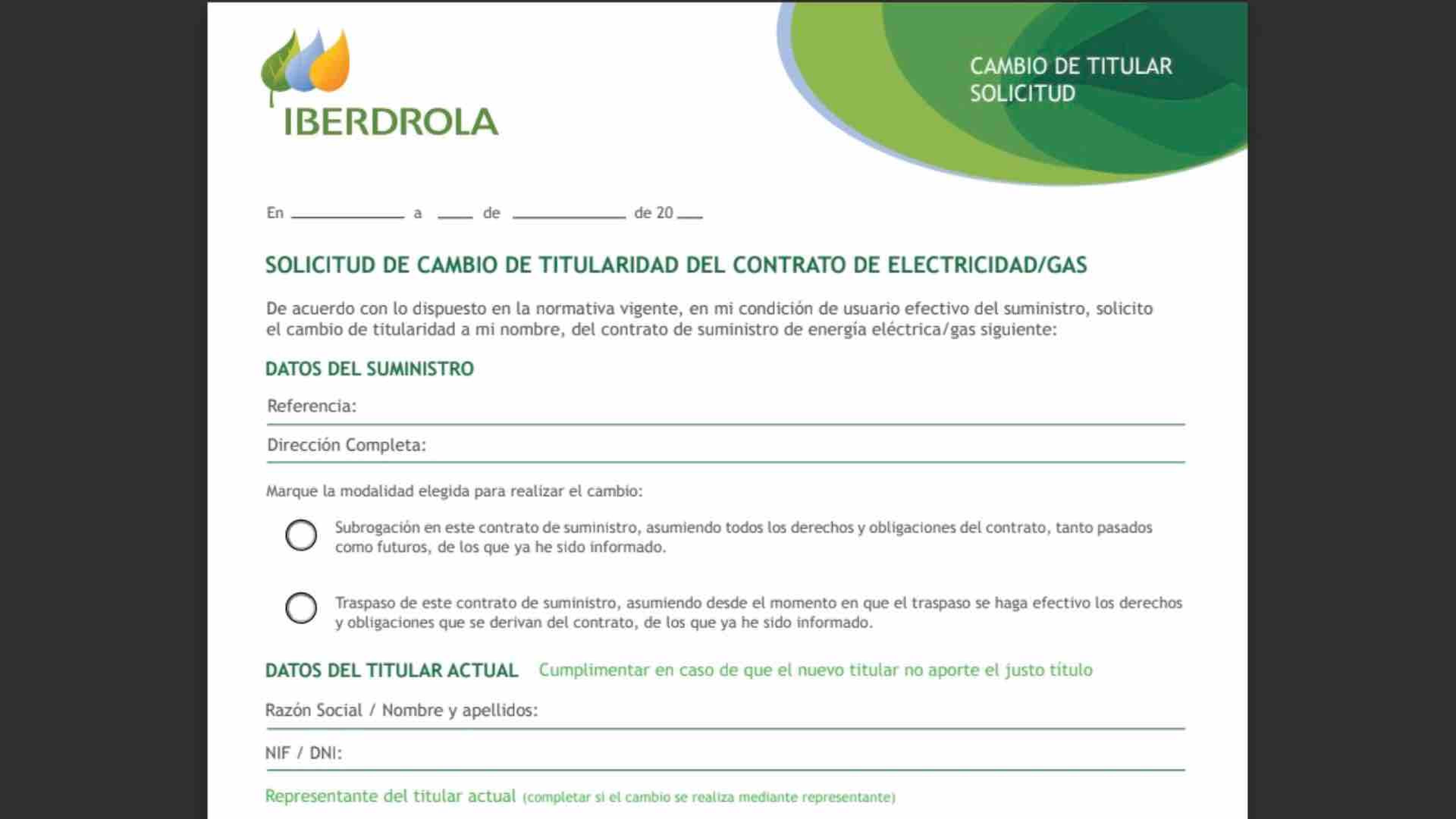 Formulario para cambiar online el titular en un contrato de Iberdrola
