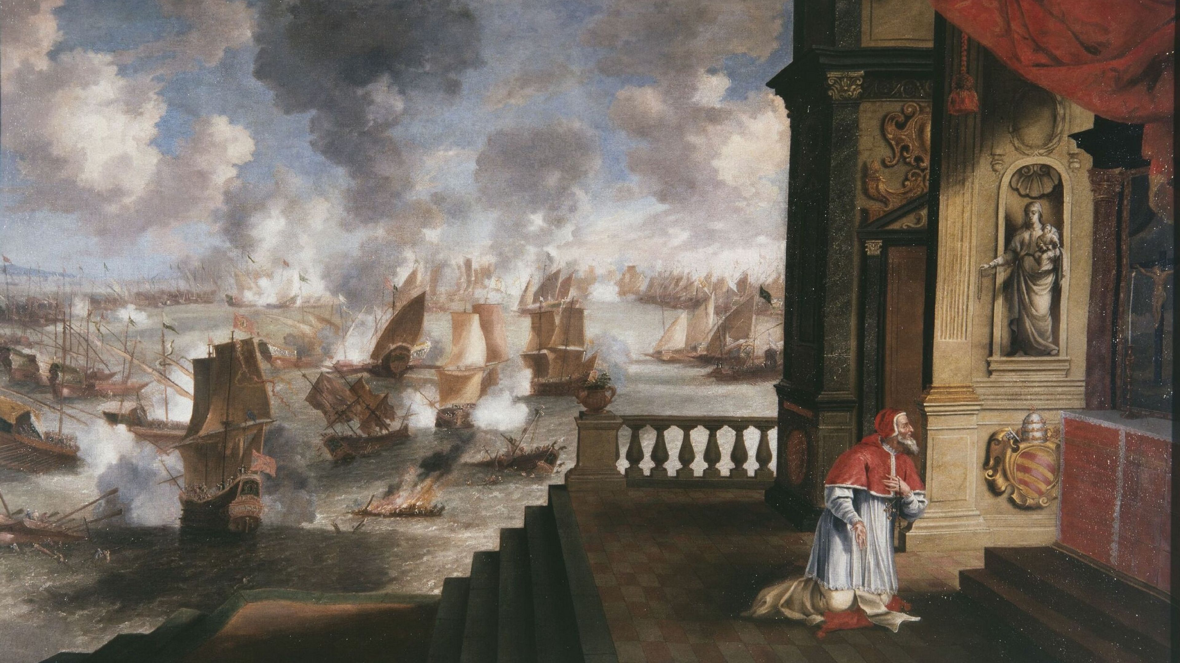 El papa Pío V rezando a Santa Catalina, para obtener la victoria en la Batalla de Lepanto