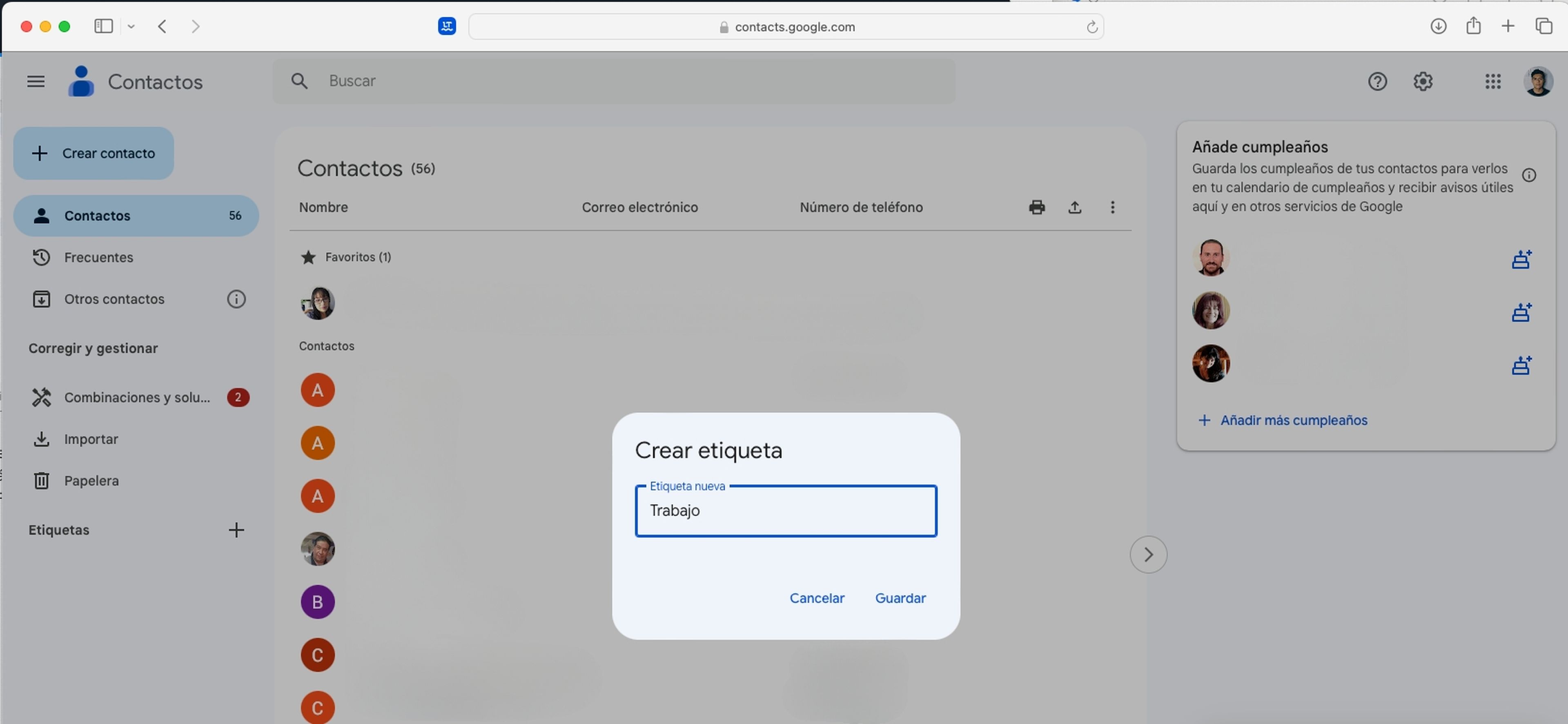 Etiqueta nueva en Contactos de Google