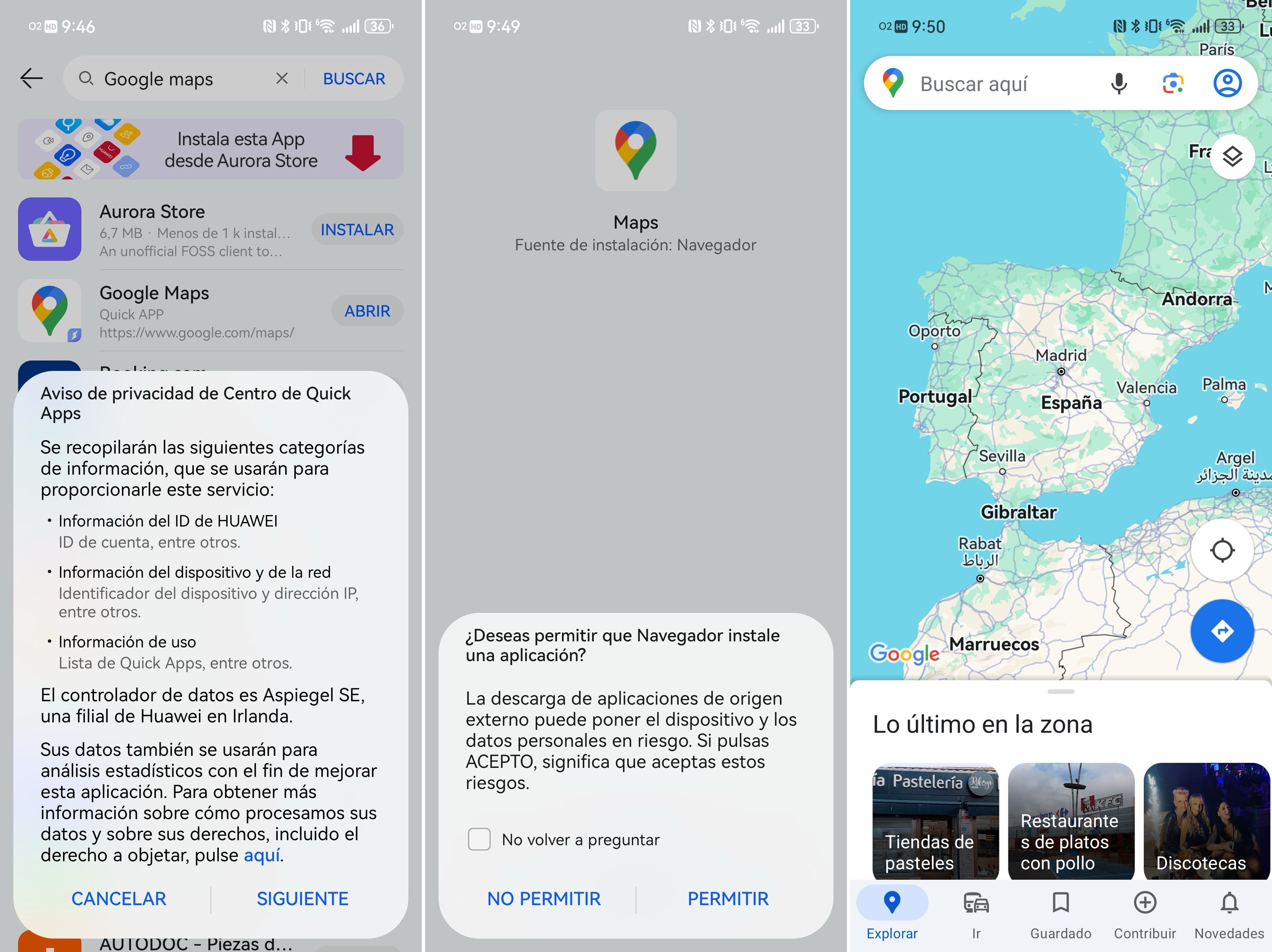 Instalar Google Maps o cualquier aplicación de Google es tan sencillo como buscarla en AppGalery y descargarla de un sitio tercero. Huawei revisa la app en busca de amenazas.