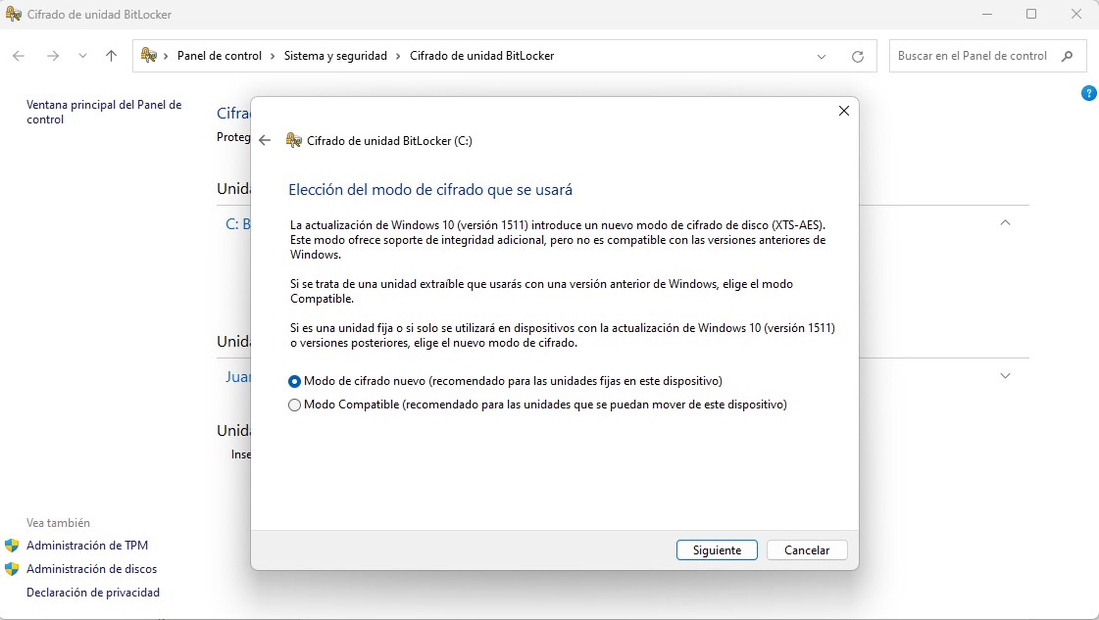 Modo de cifrado en BitLocker