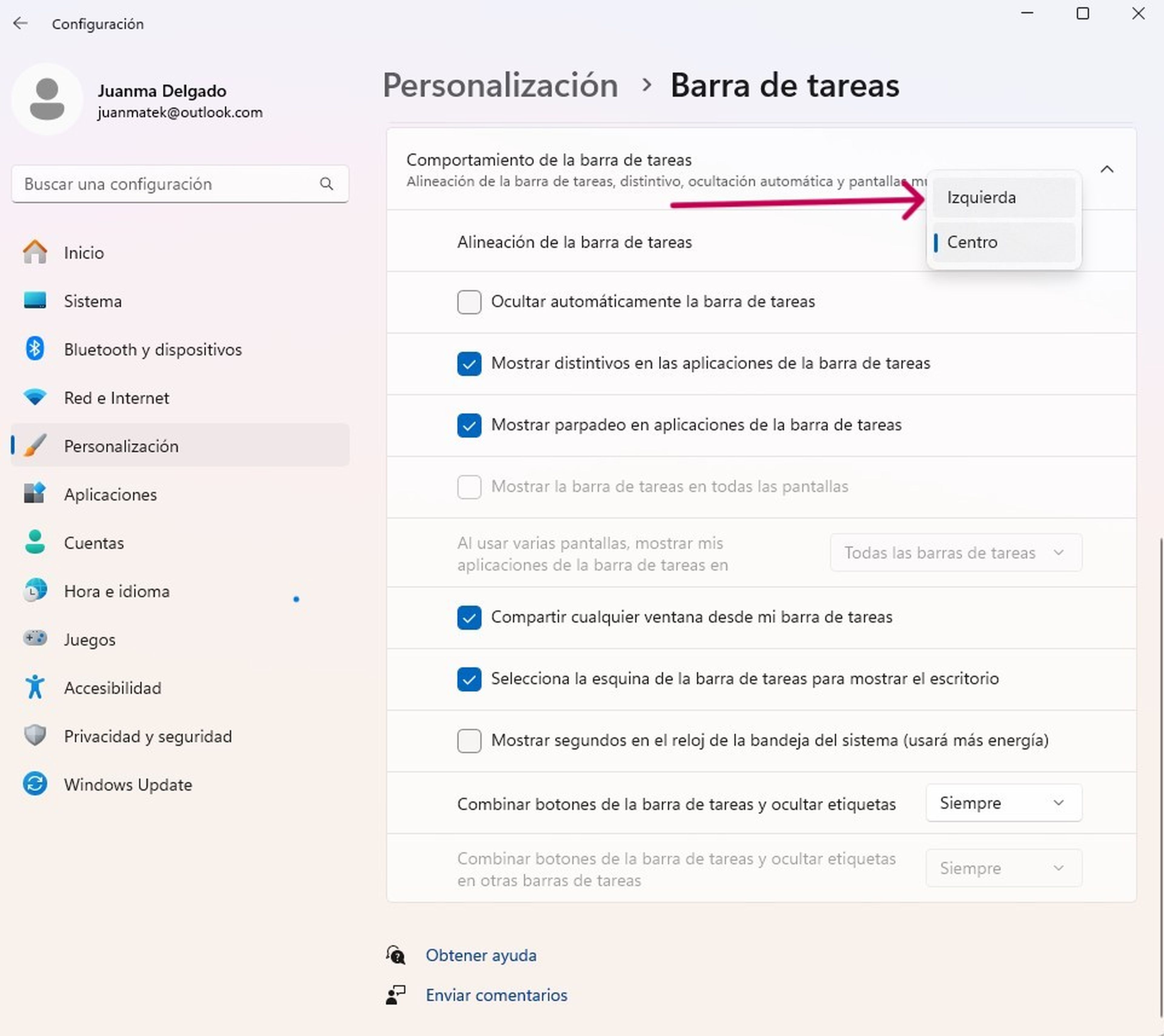 Mueve los elementos de la barra de tareas a la izquierda