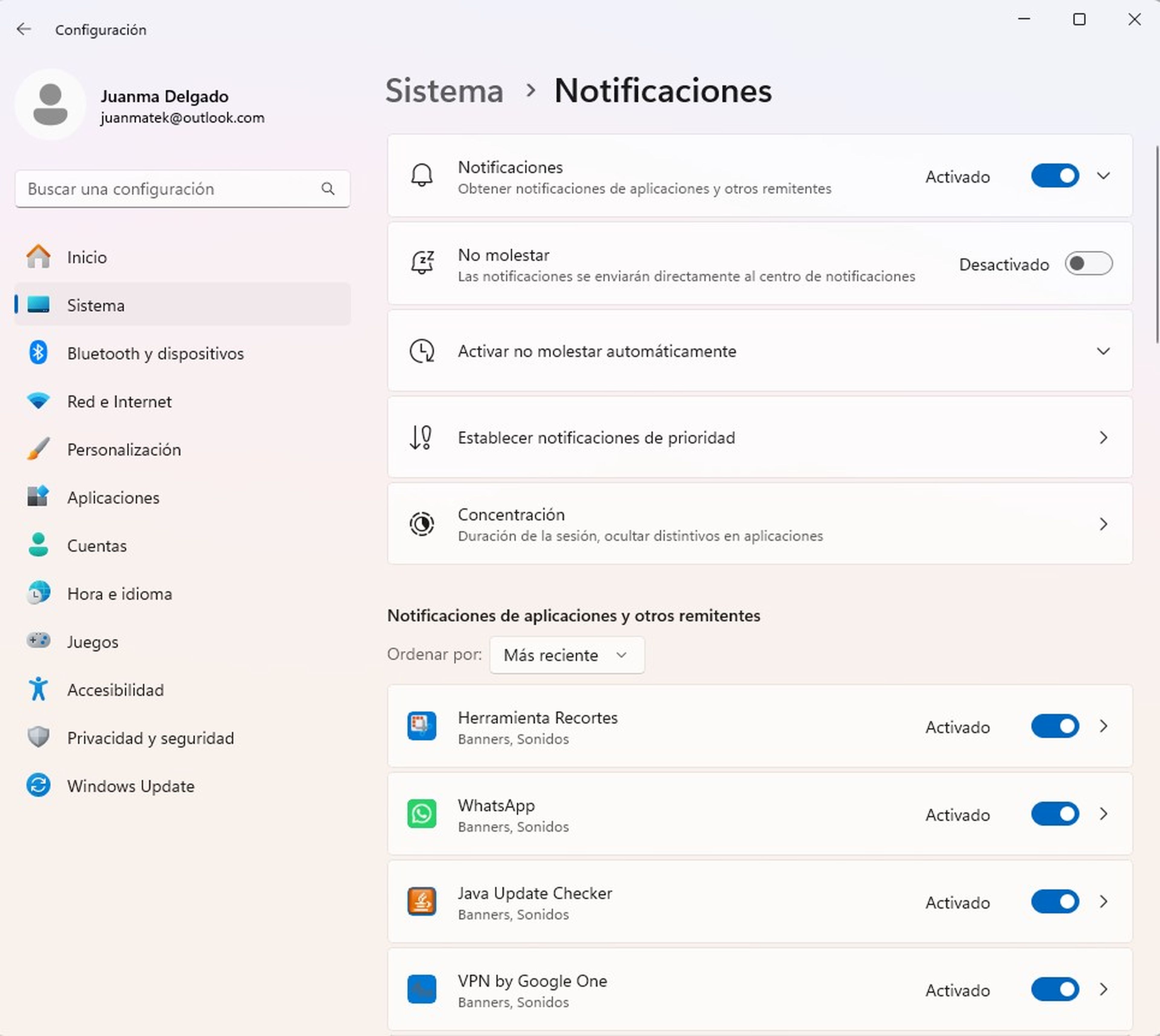 Notificaciones del sistema