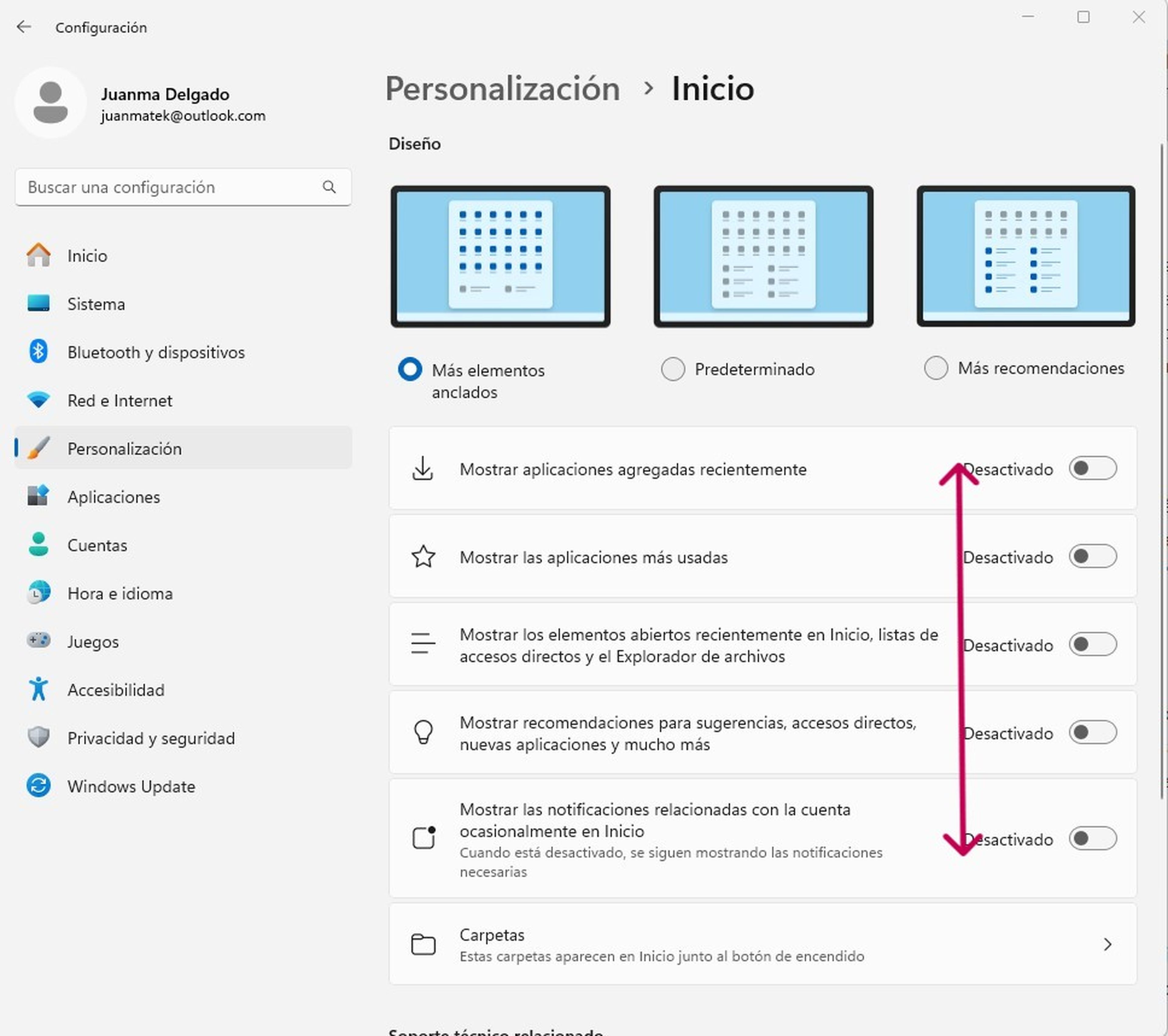 Recomendaciones en el menú Inicio