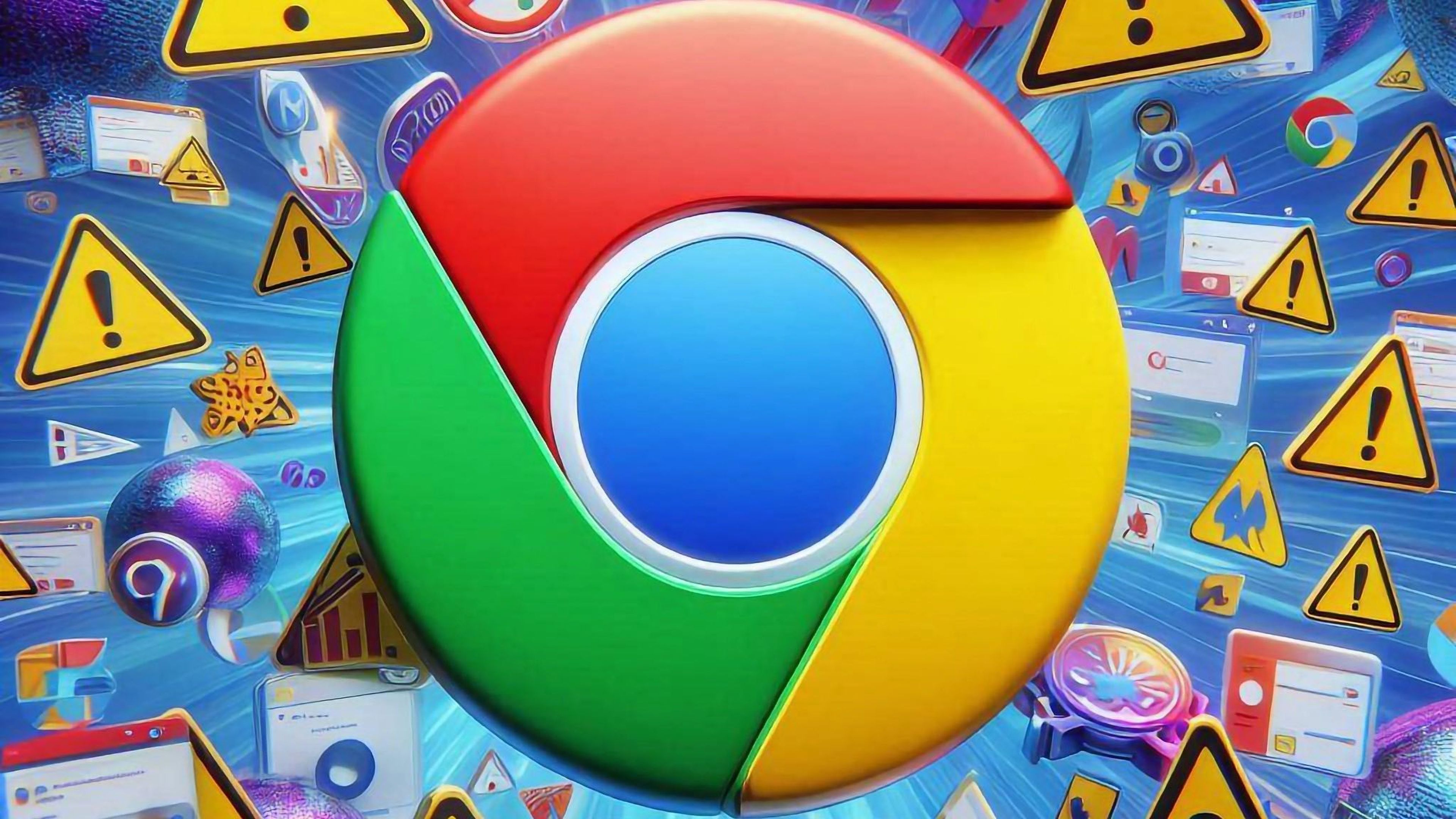 El logo de Google Chrome rodeado de señales de advertencia