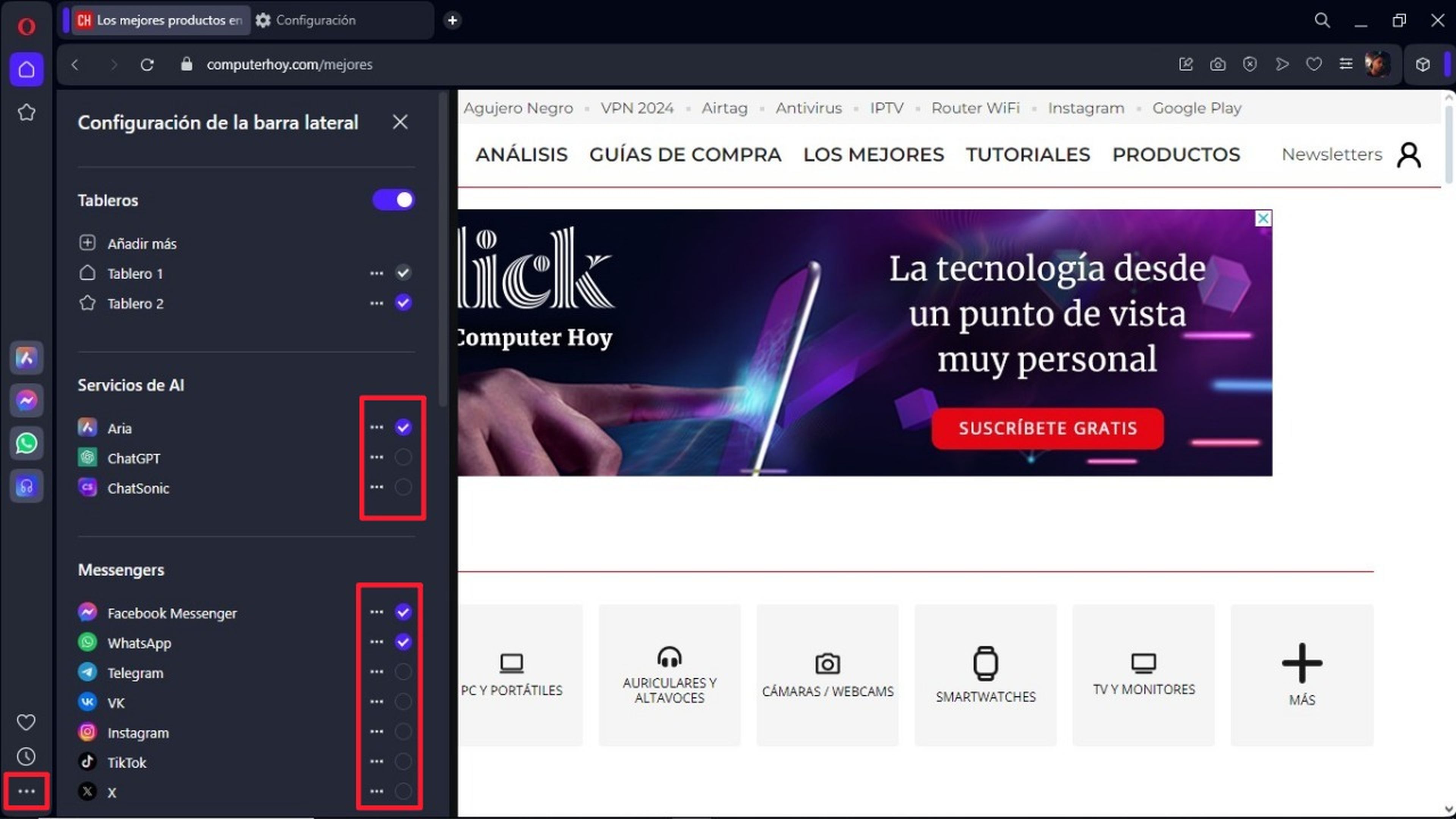 Accesos directos de Opera