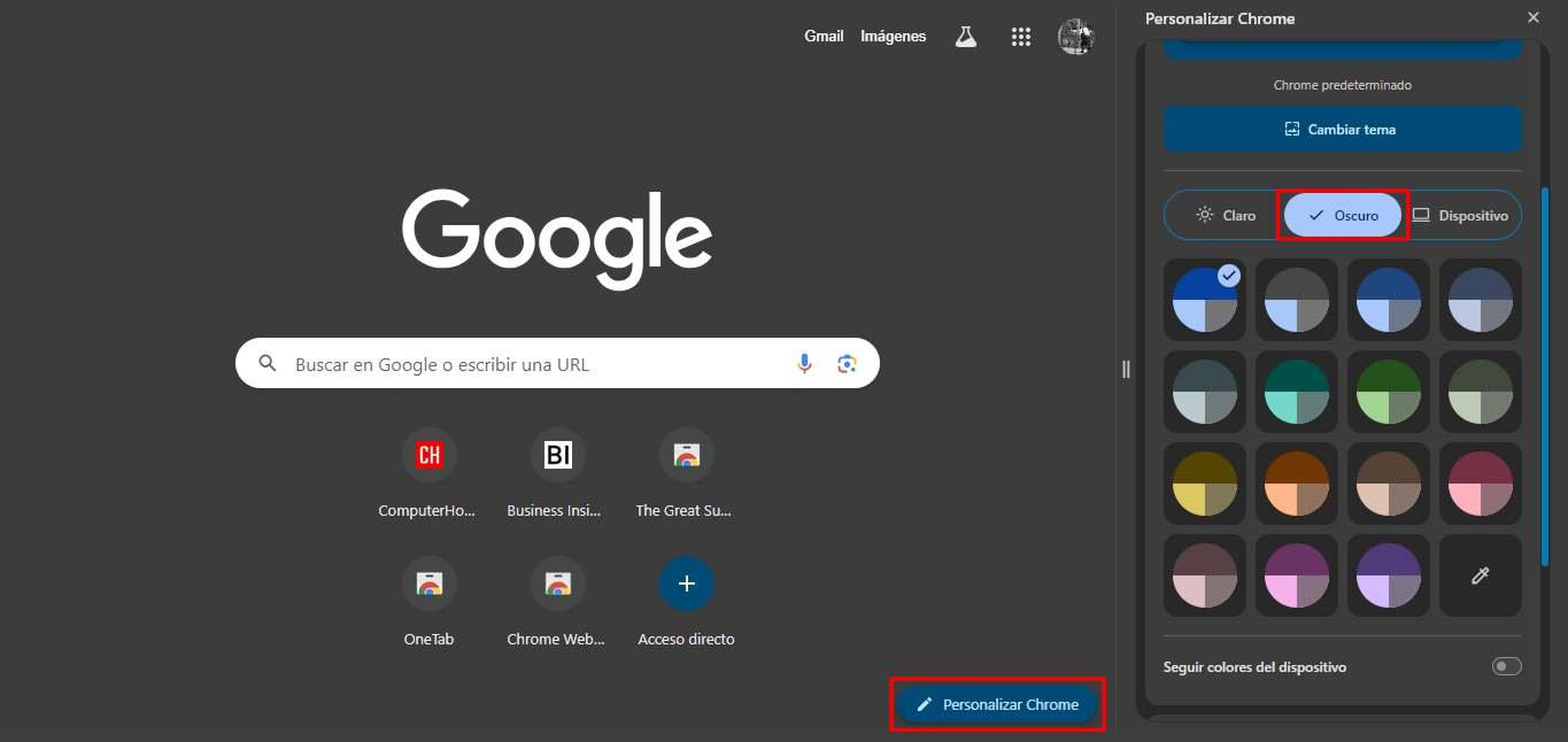 Activar modo oscuro en Google Chrome desde Apariencia