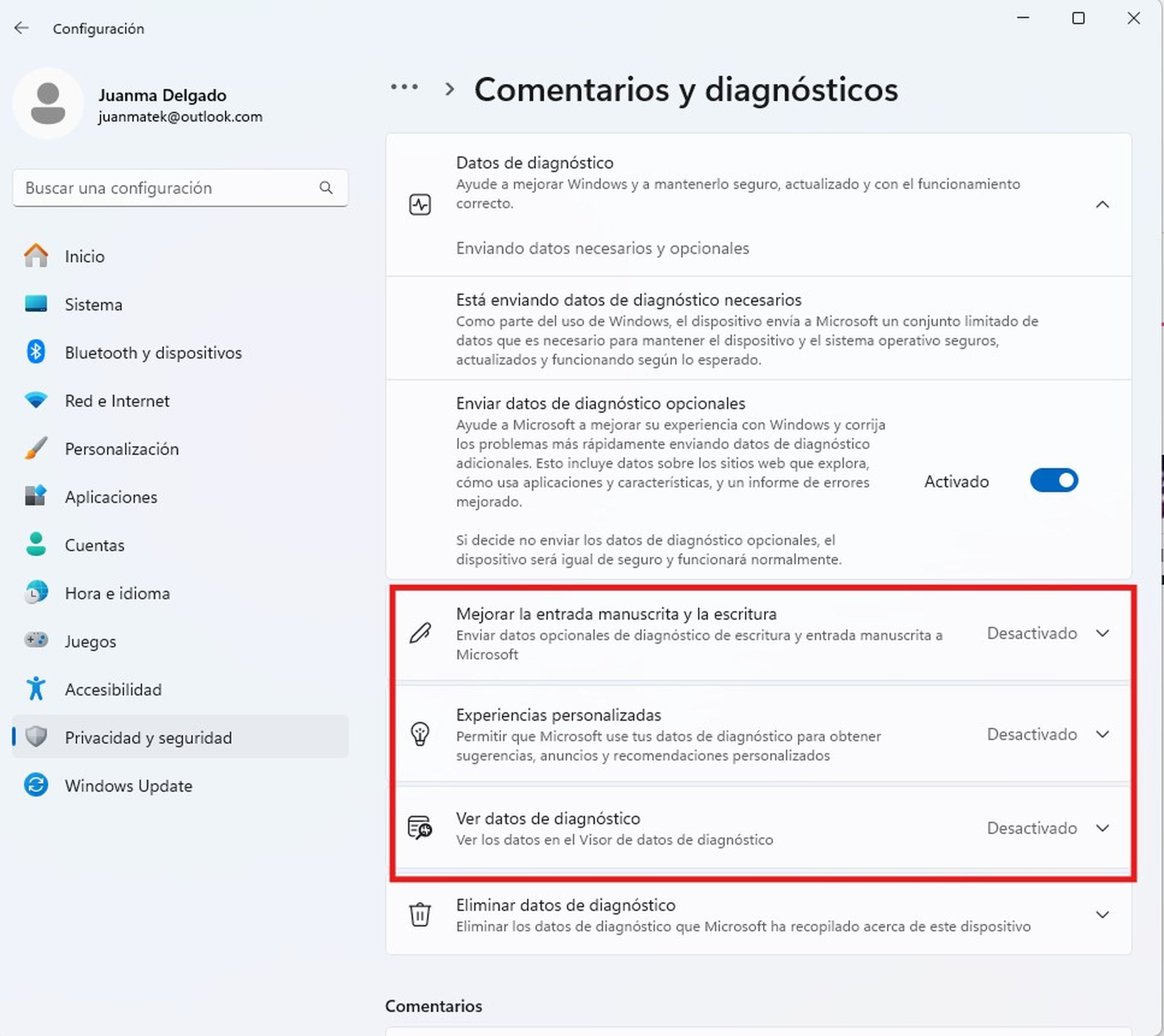 Ajusta la configuración de Diagnósticos y comentarios