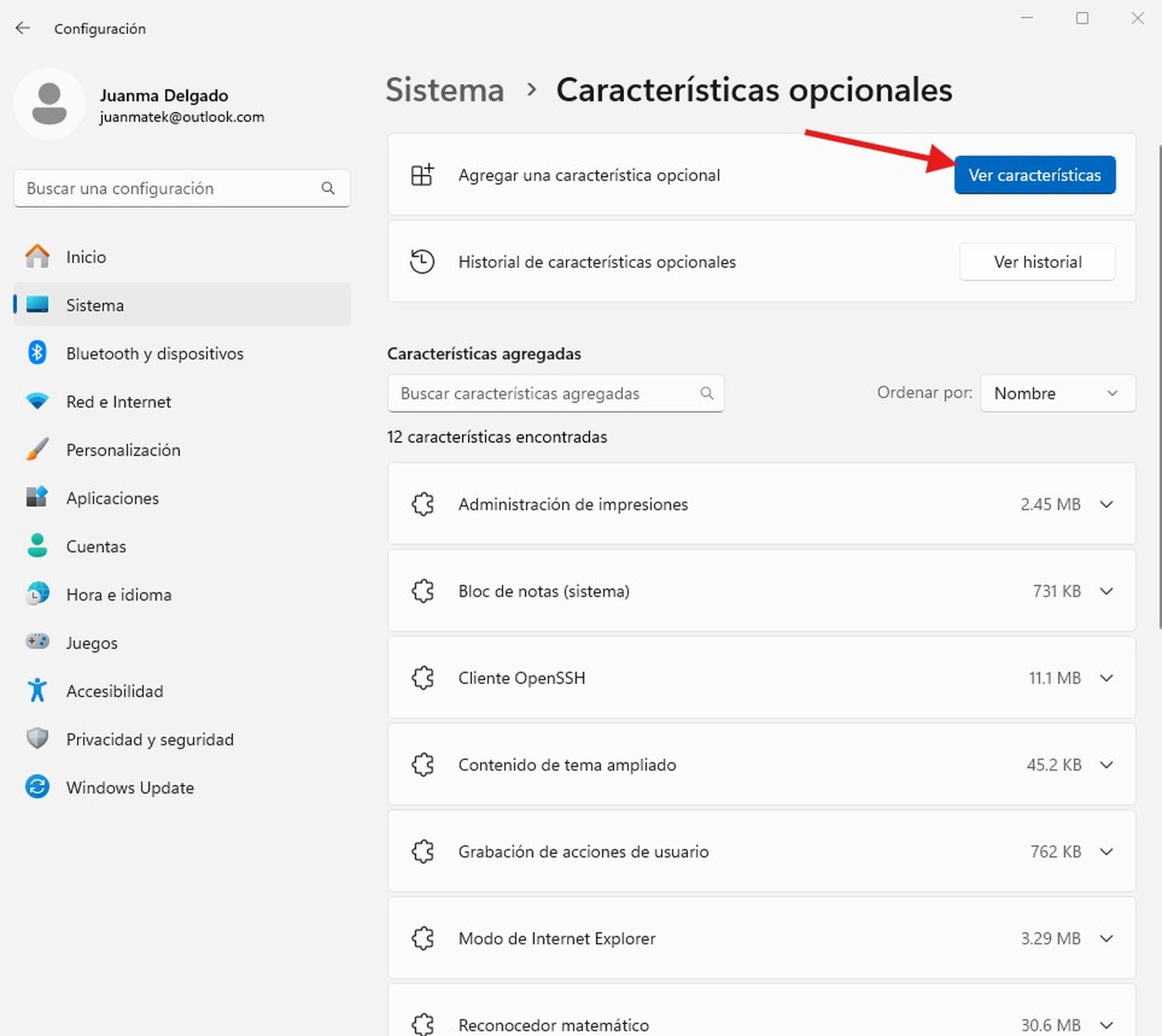 Características opciones en Windows 11