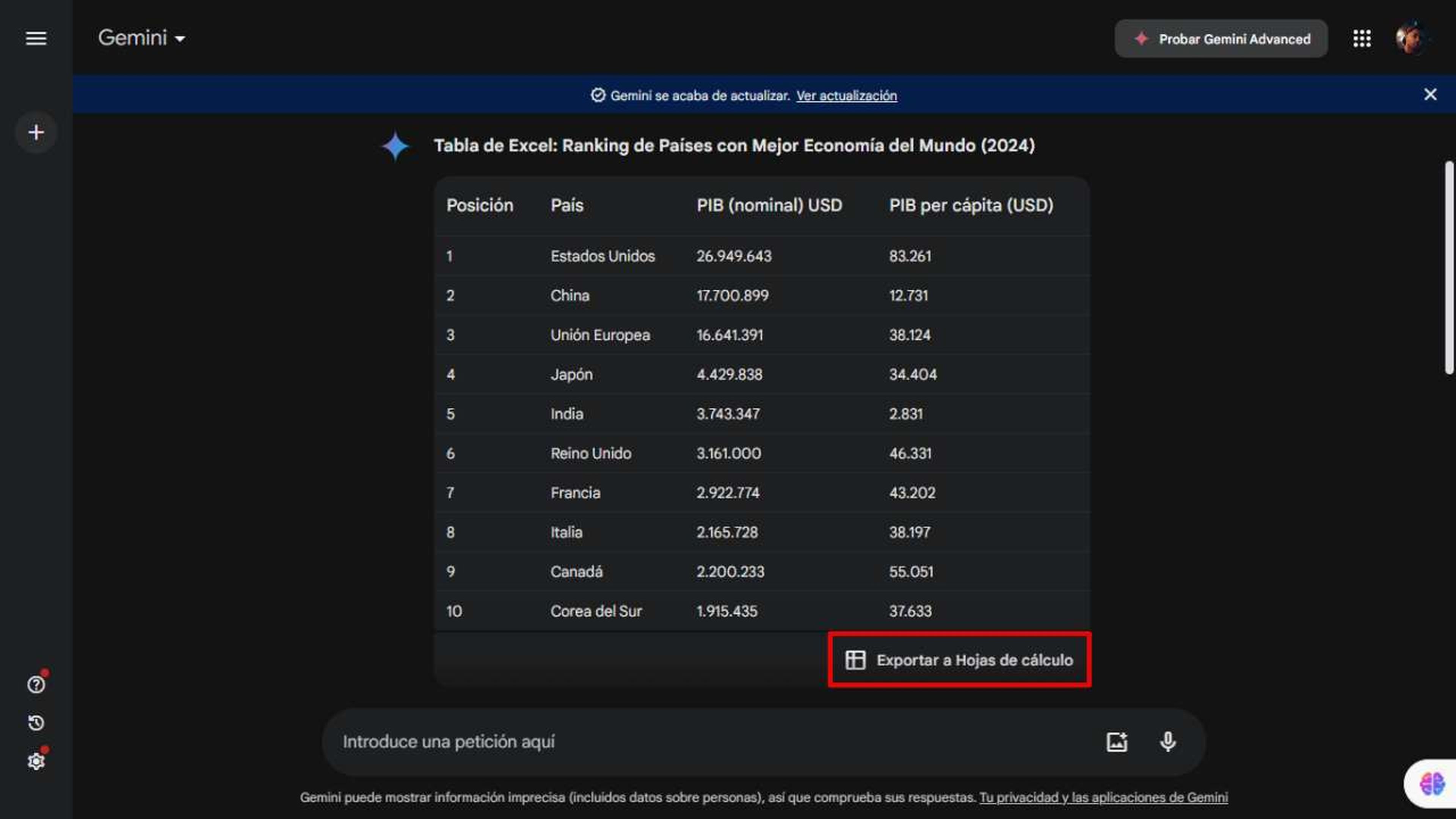 Crear tablas de Excel con Gemini