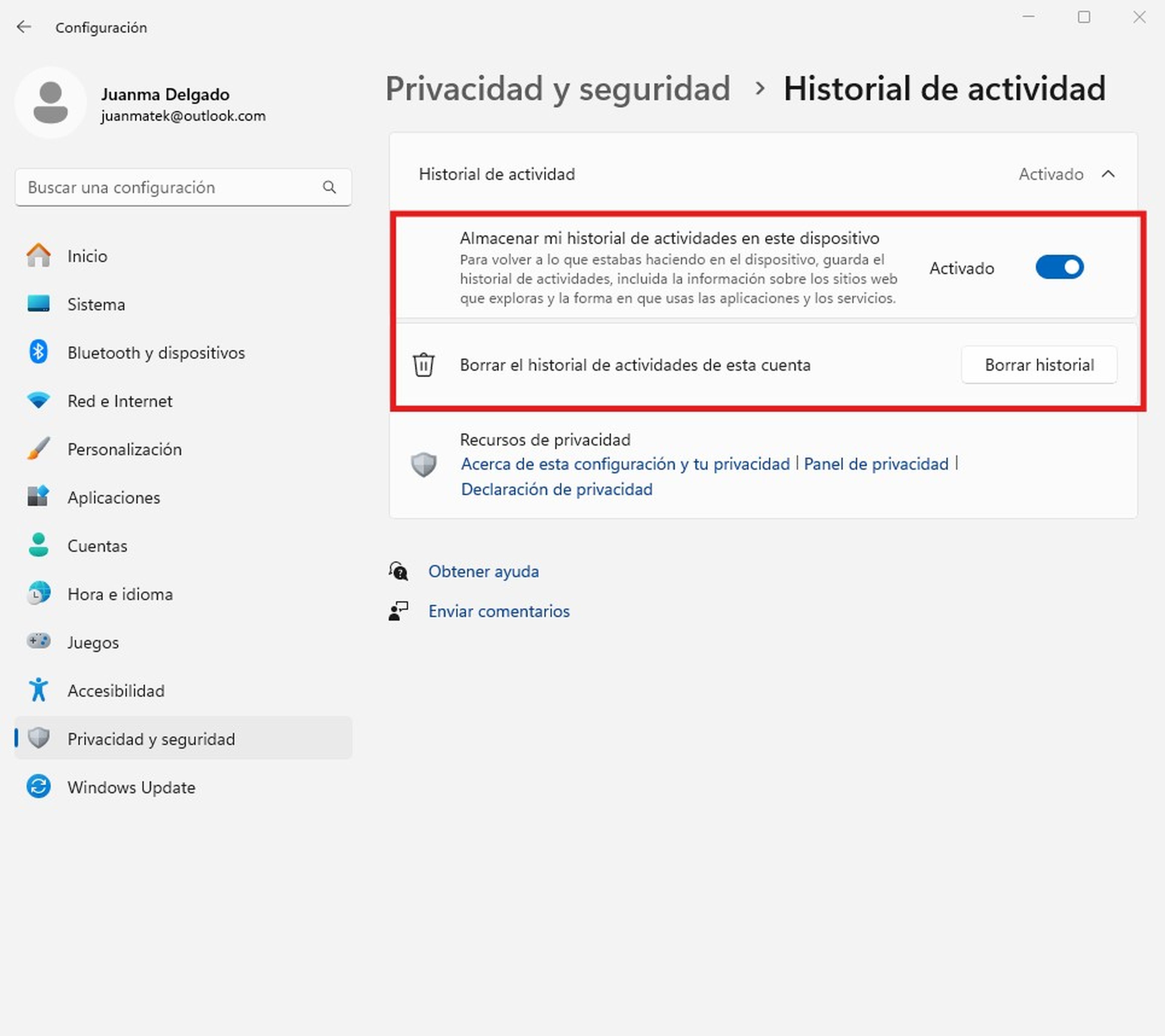 Desactiva el Historial de actividades