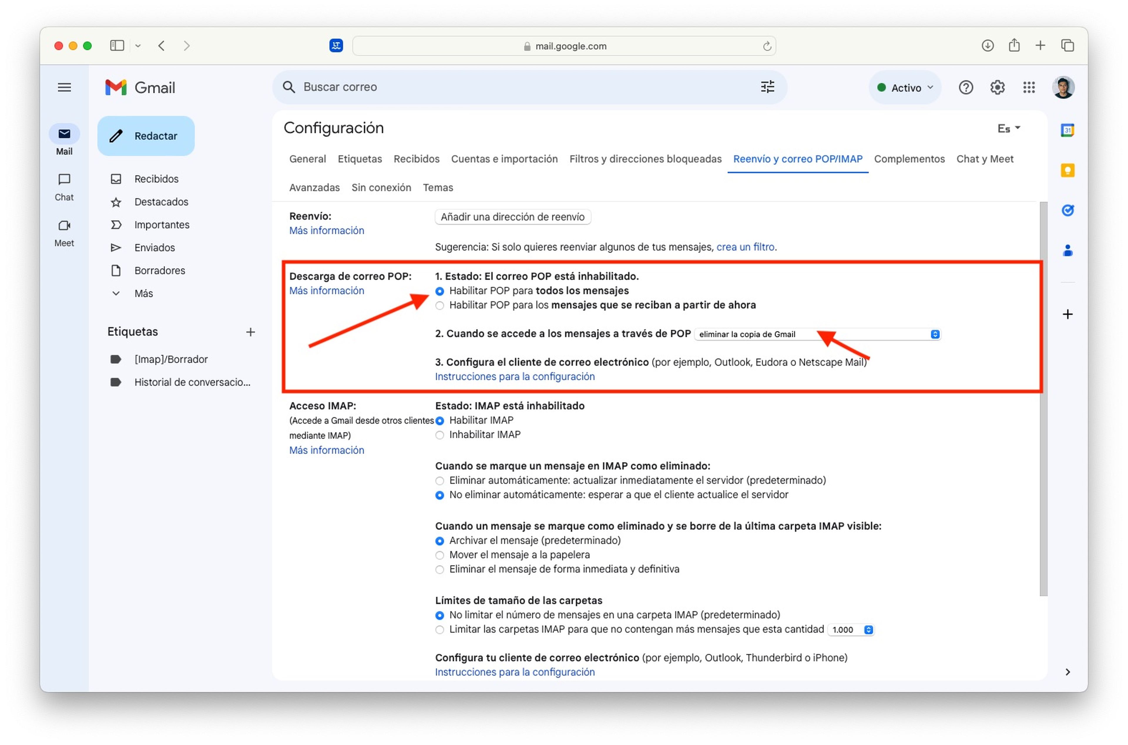 Habilitar POP en Gmail