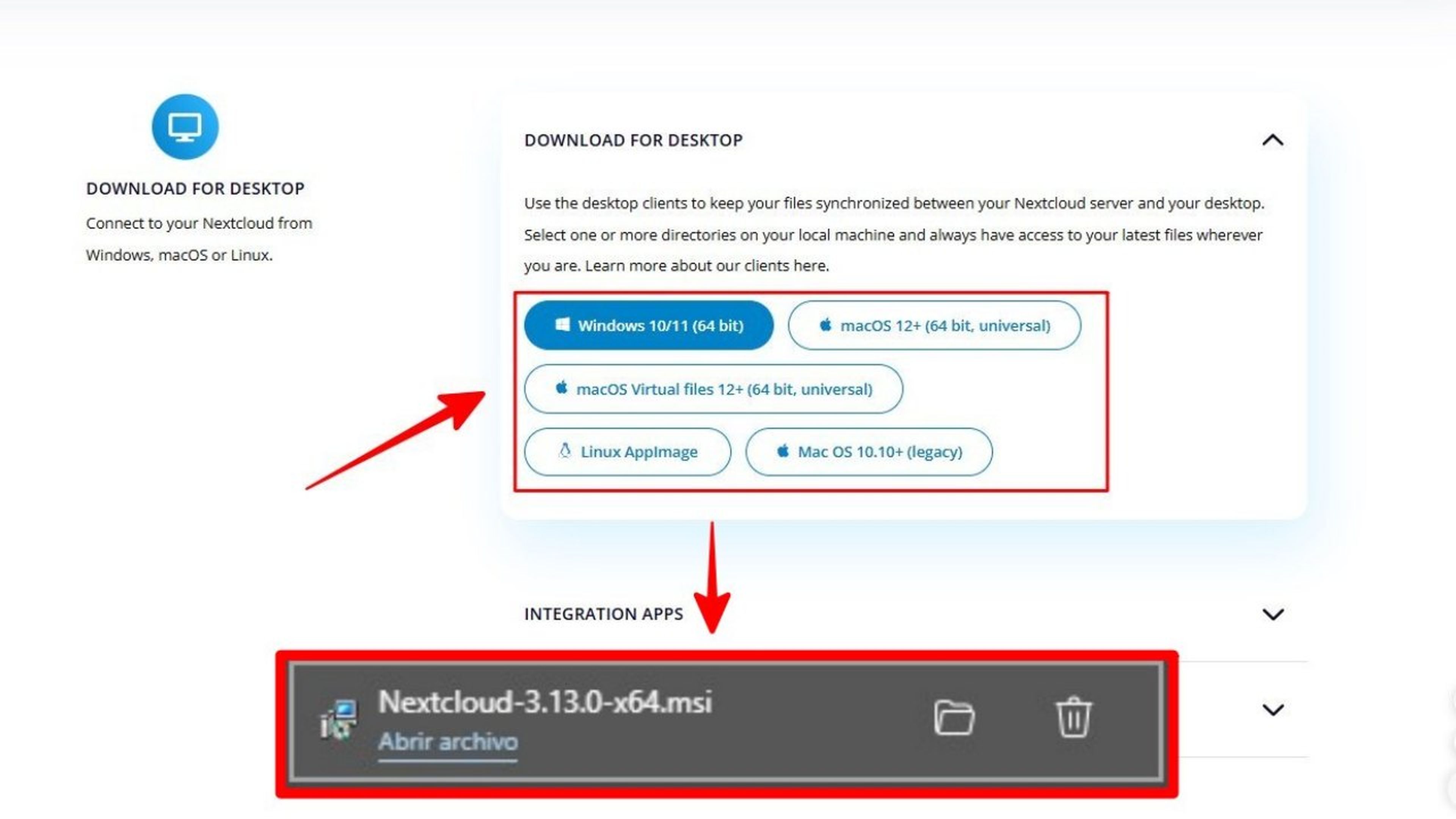 Tipos de descargas para sistemas operativos de Nextcloud