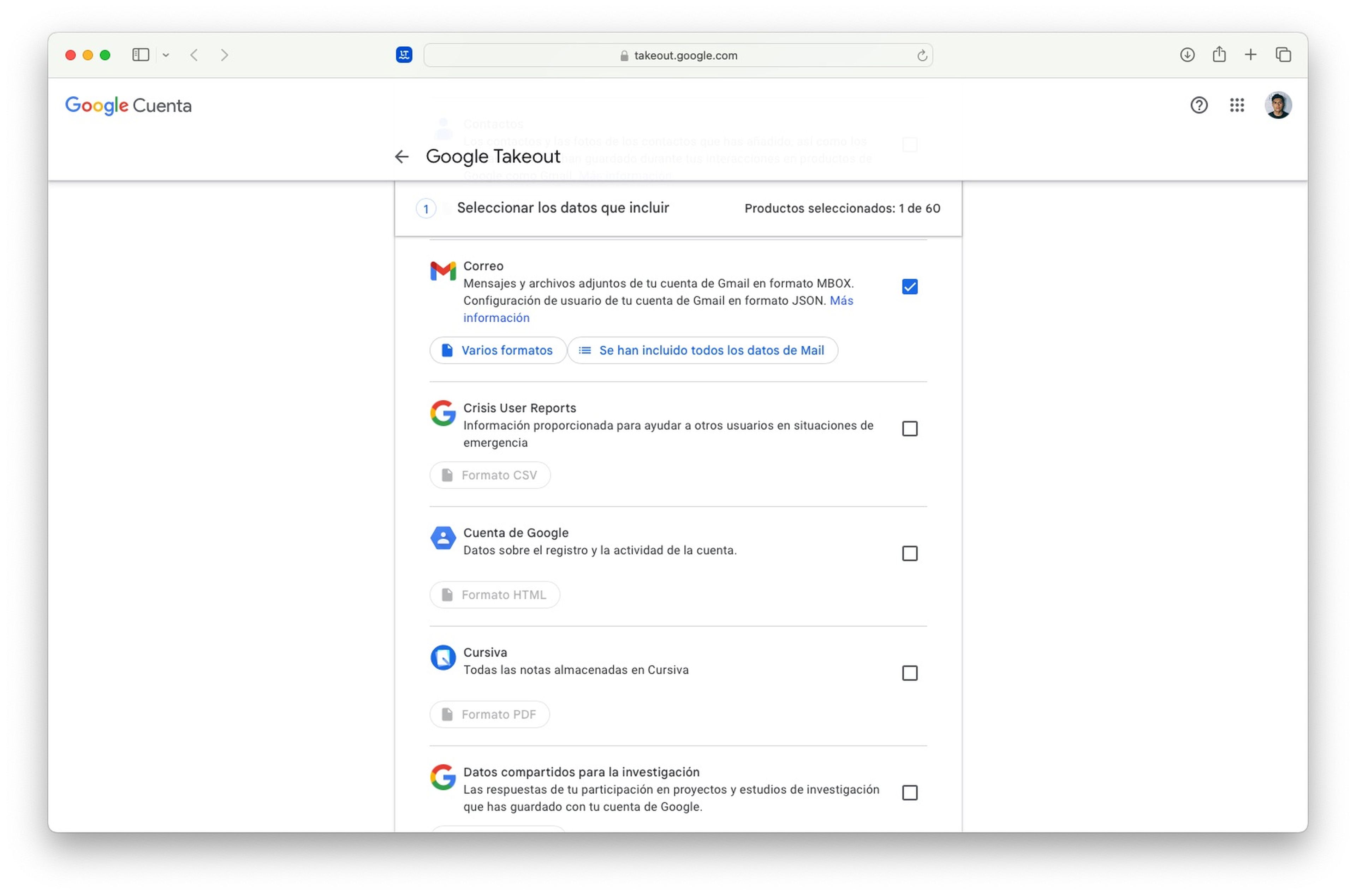 Usar Google Takeout para descargar correos