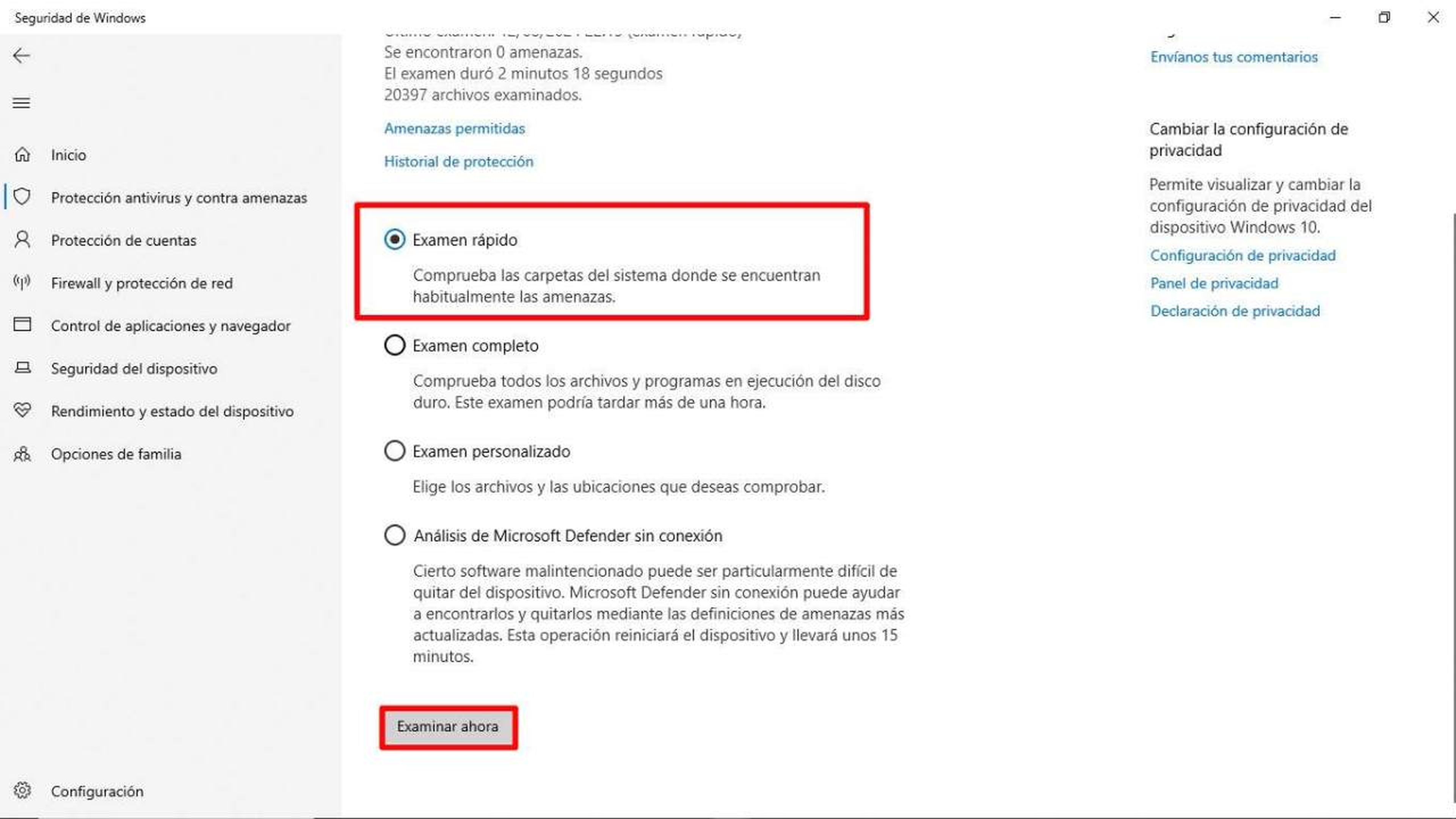 Diagnóstico de Windows Defender