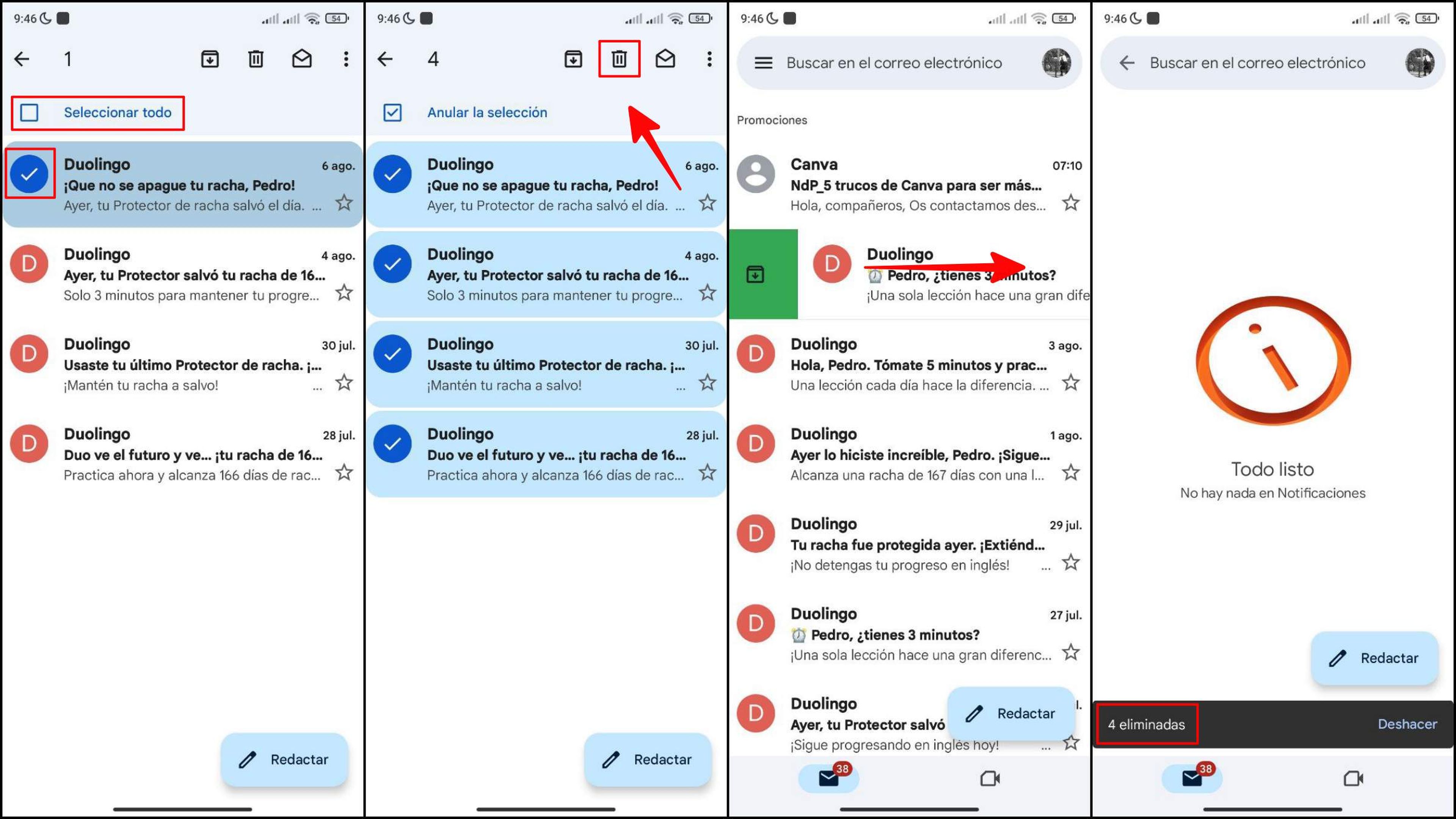 Eliminar correos en app de Gmail