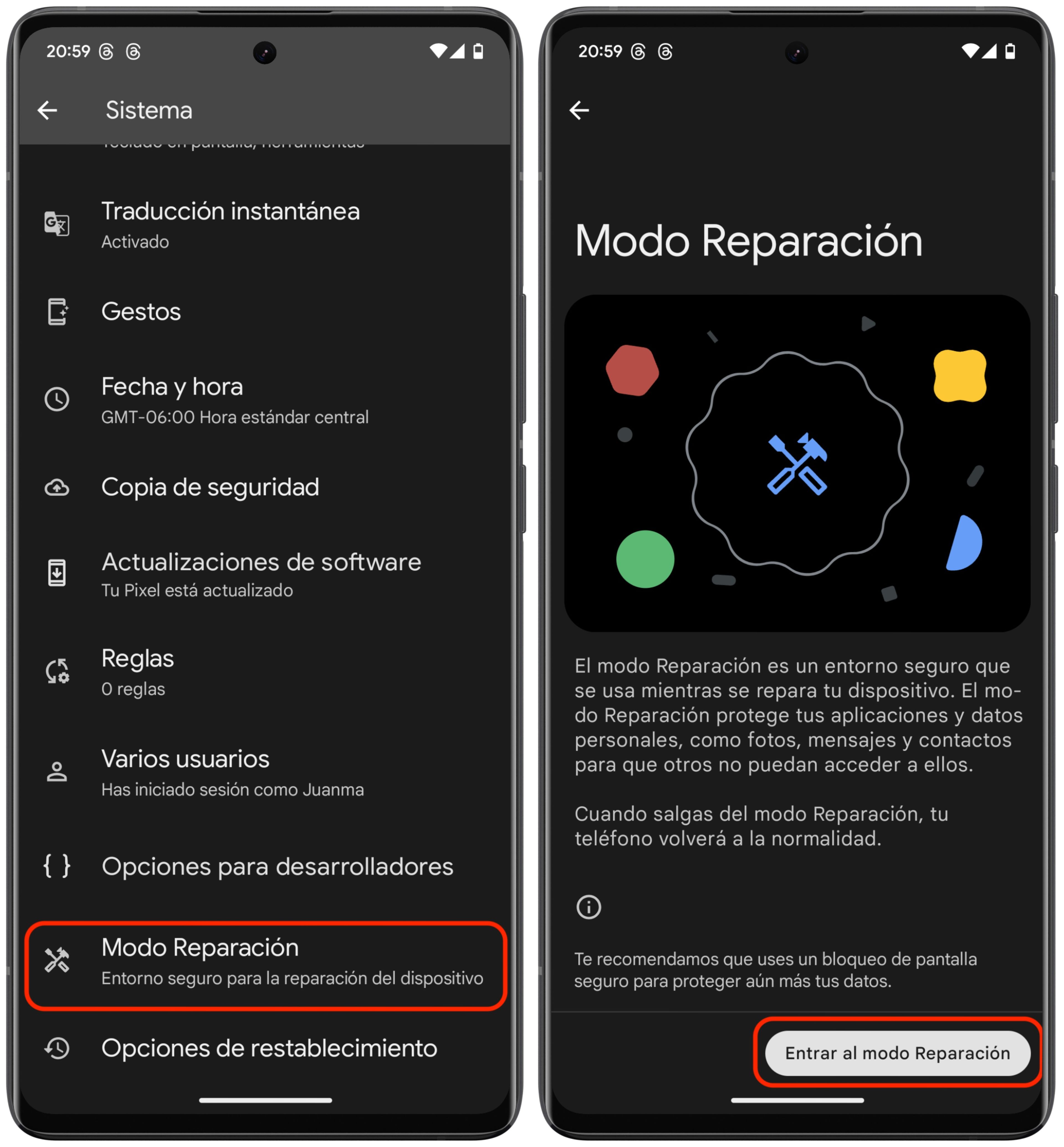 Steps to activate repair mode on Android