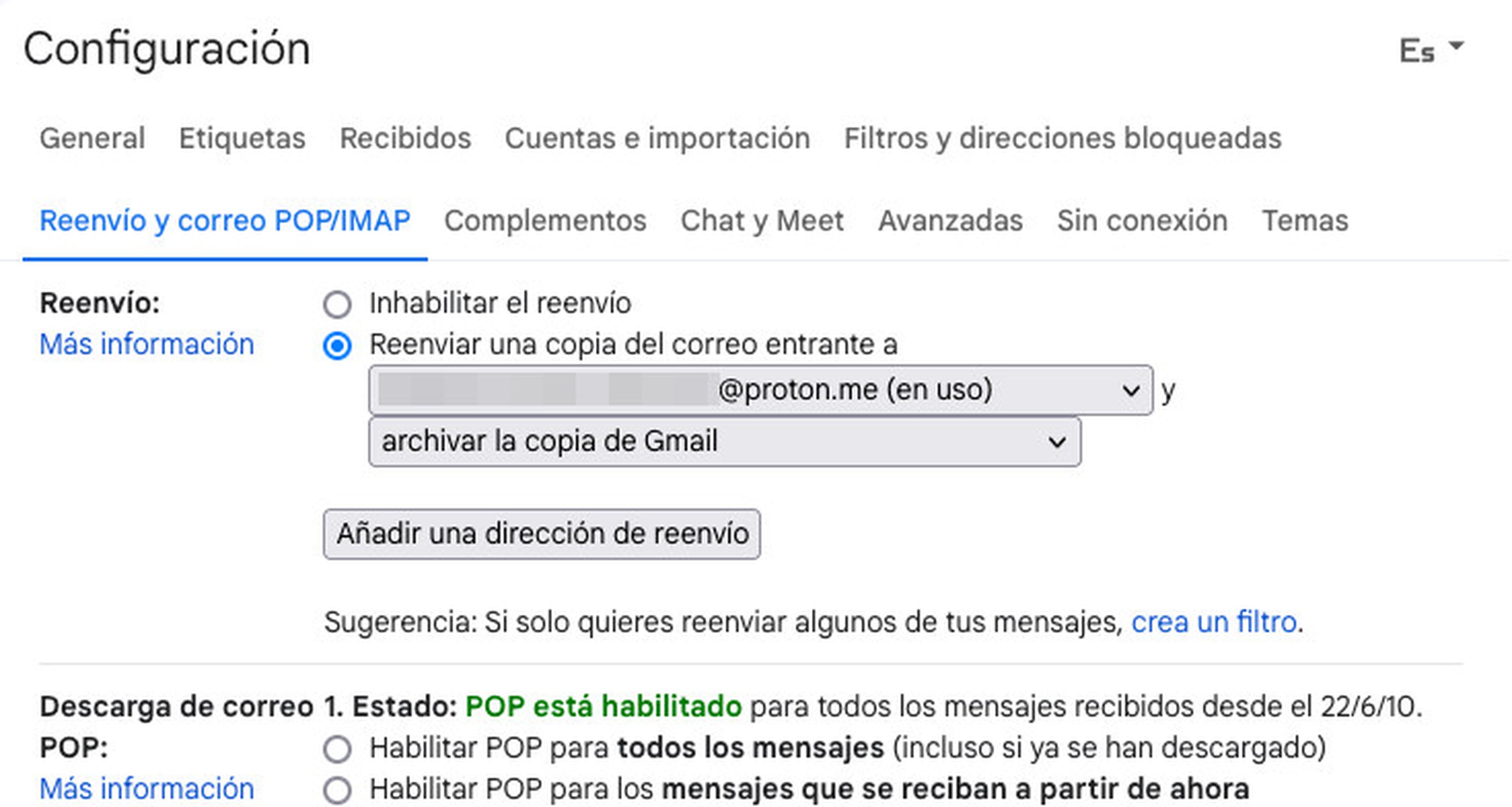 Redirección Gmail a Proton