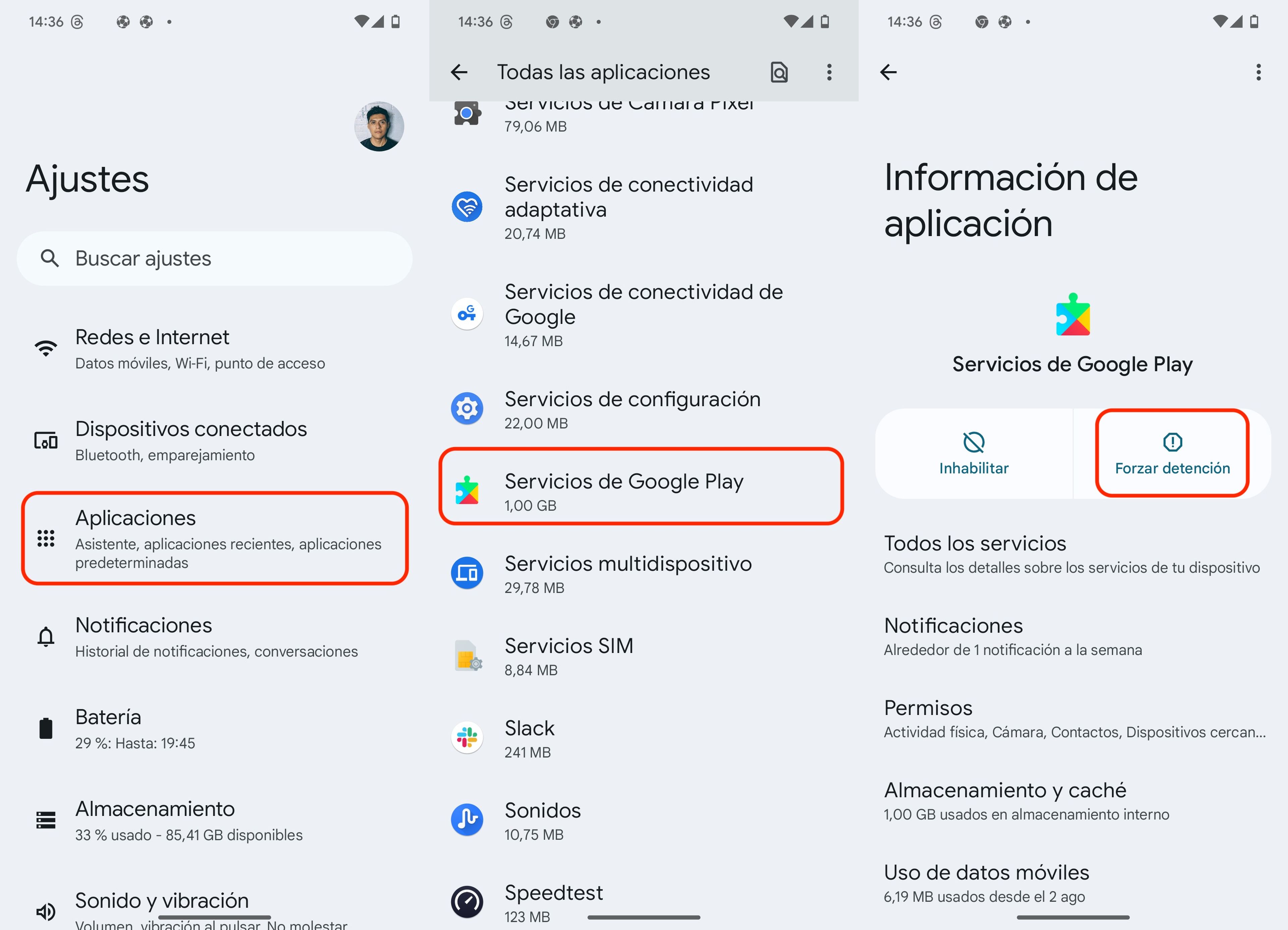 Detén los Servicios de Google Play