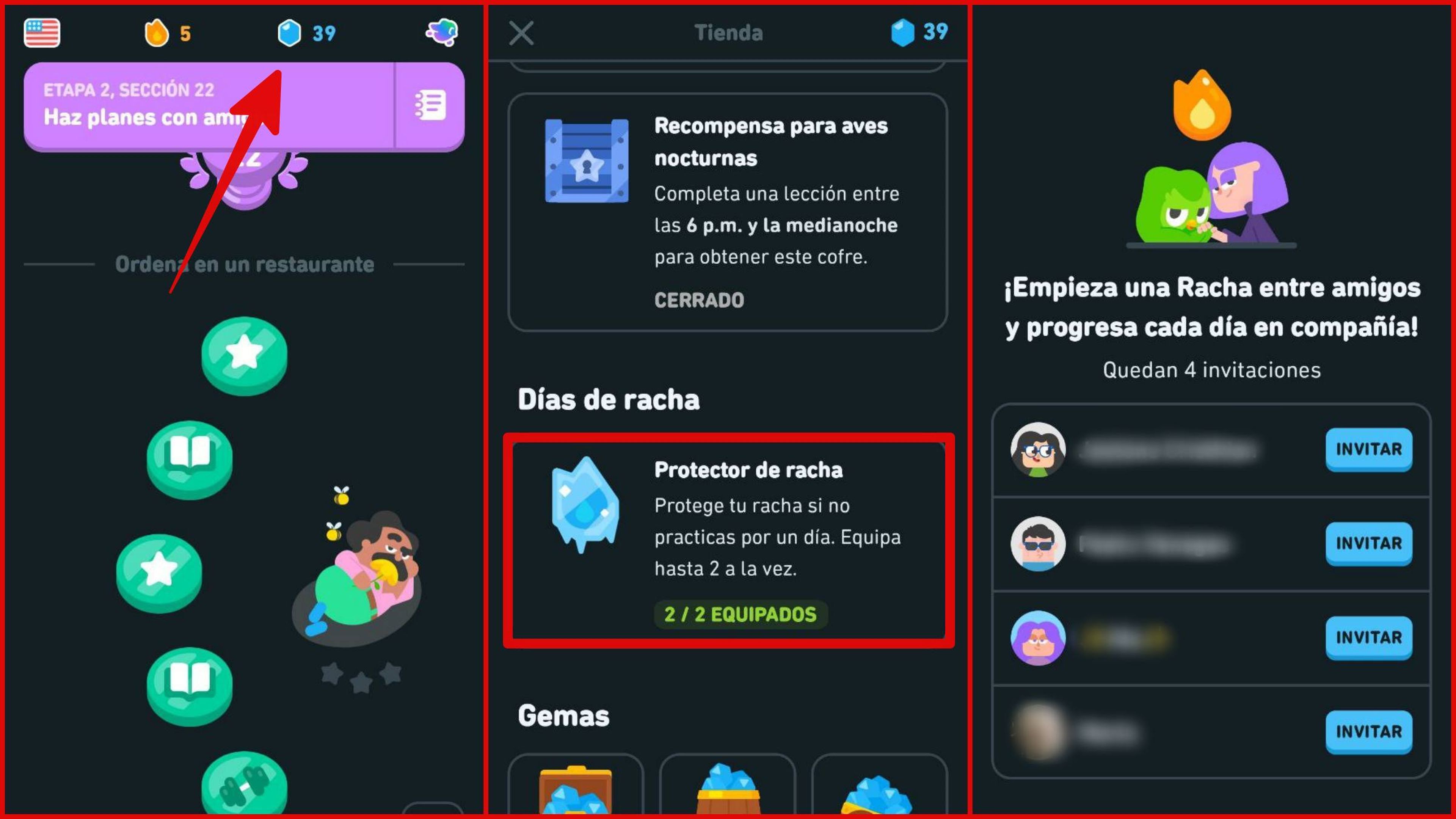 Protectores de racha de Duolingo