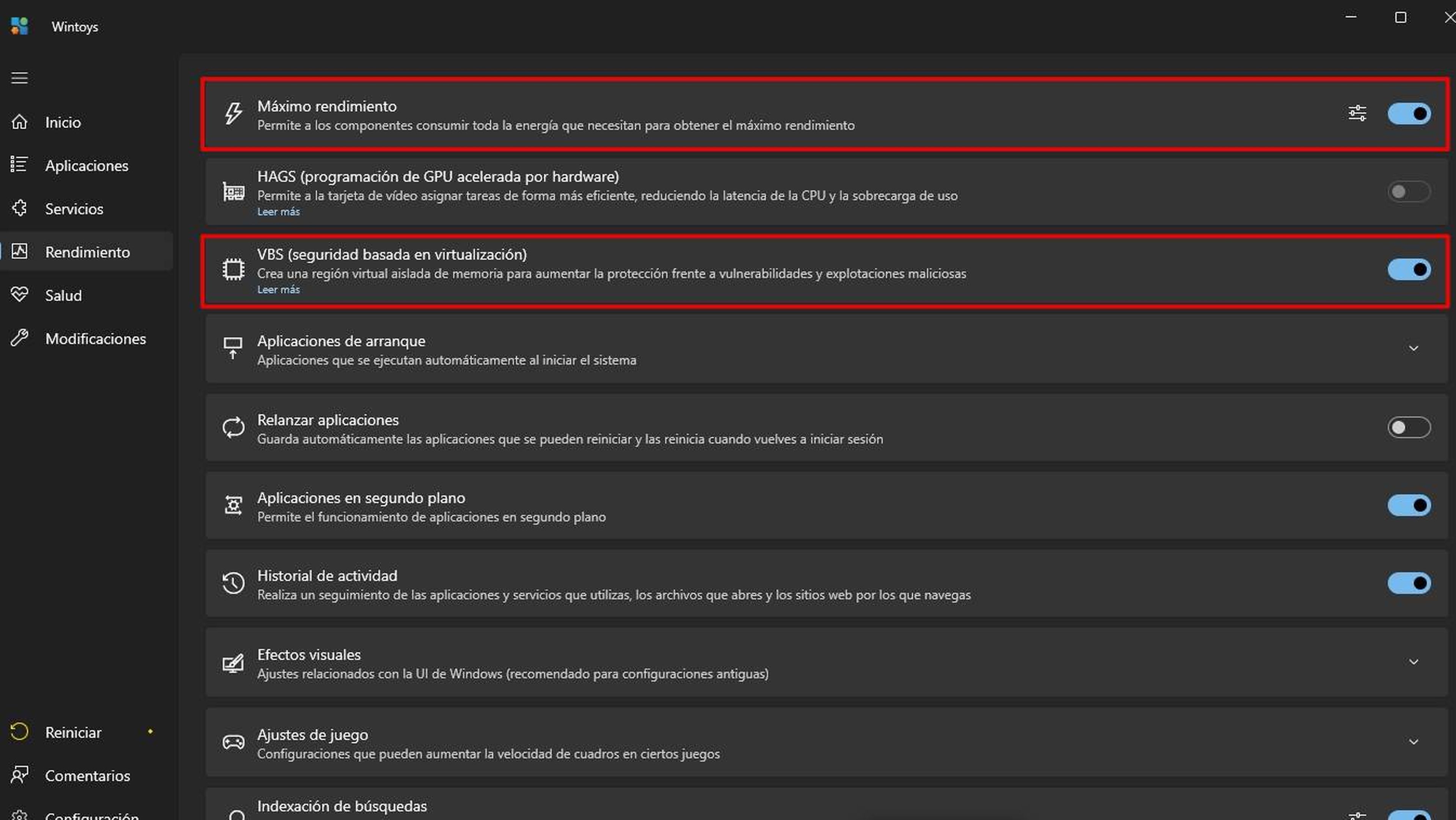 Rendimiento de Wintoys
