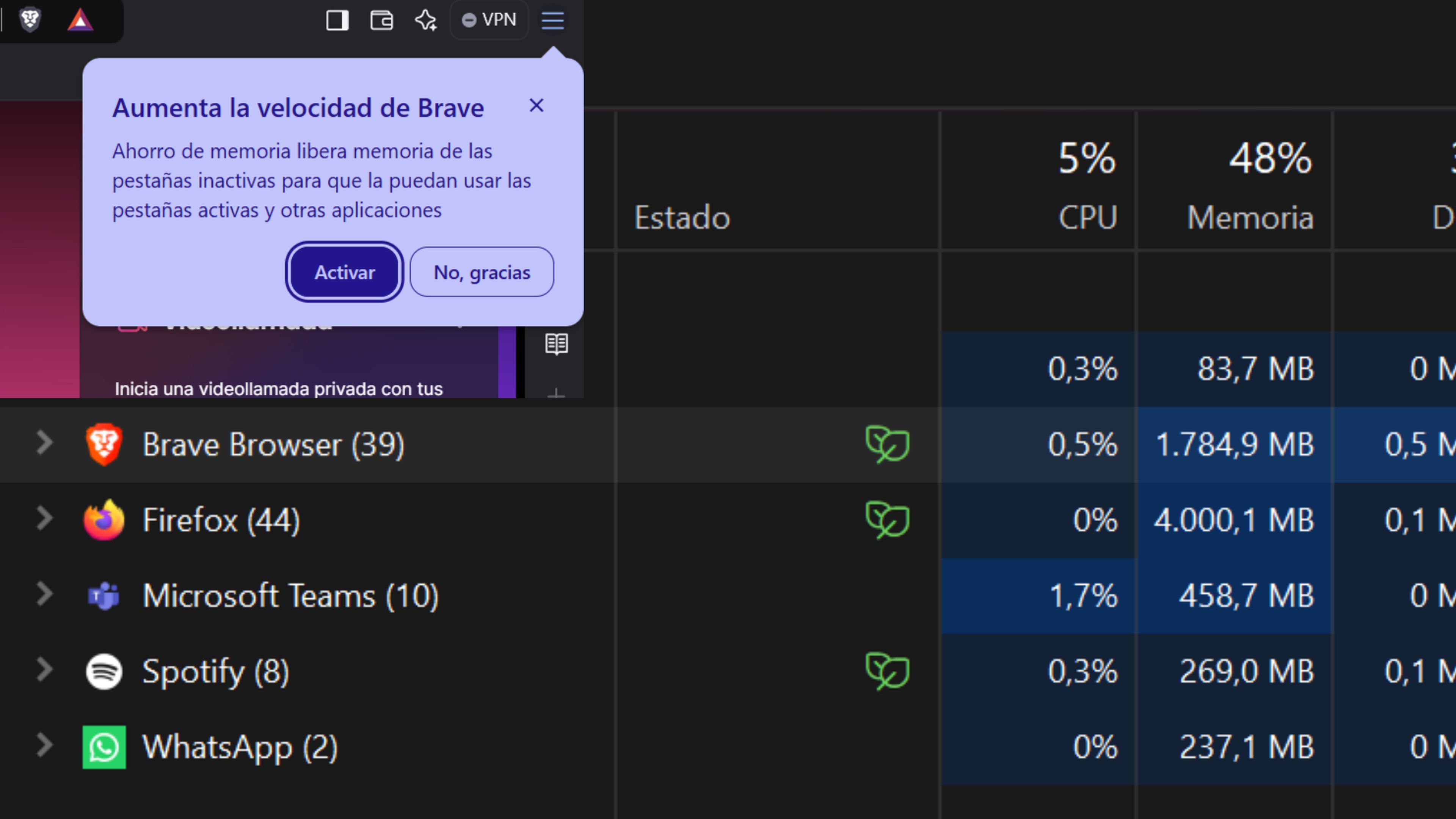 Consumo CPU memoria Brave vs Firefox