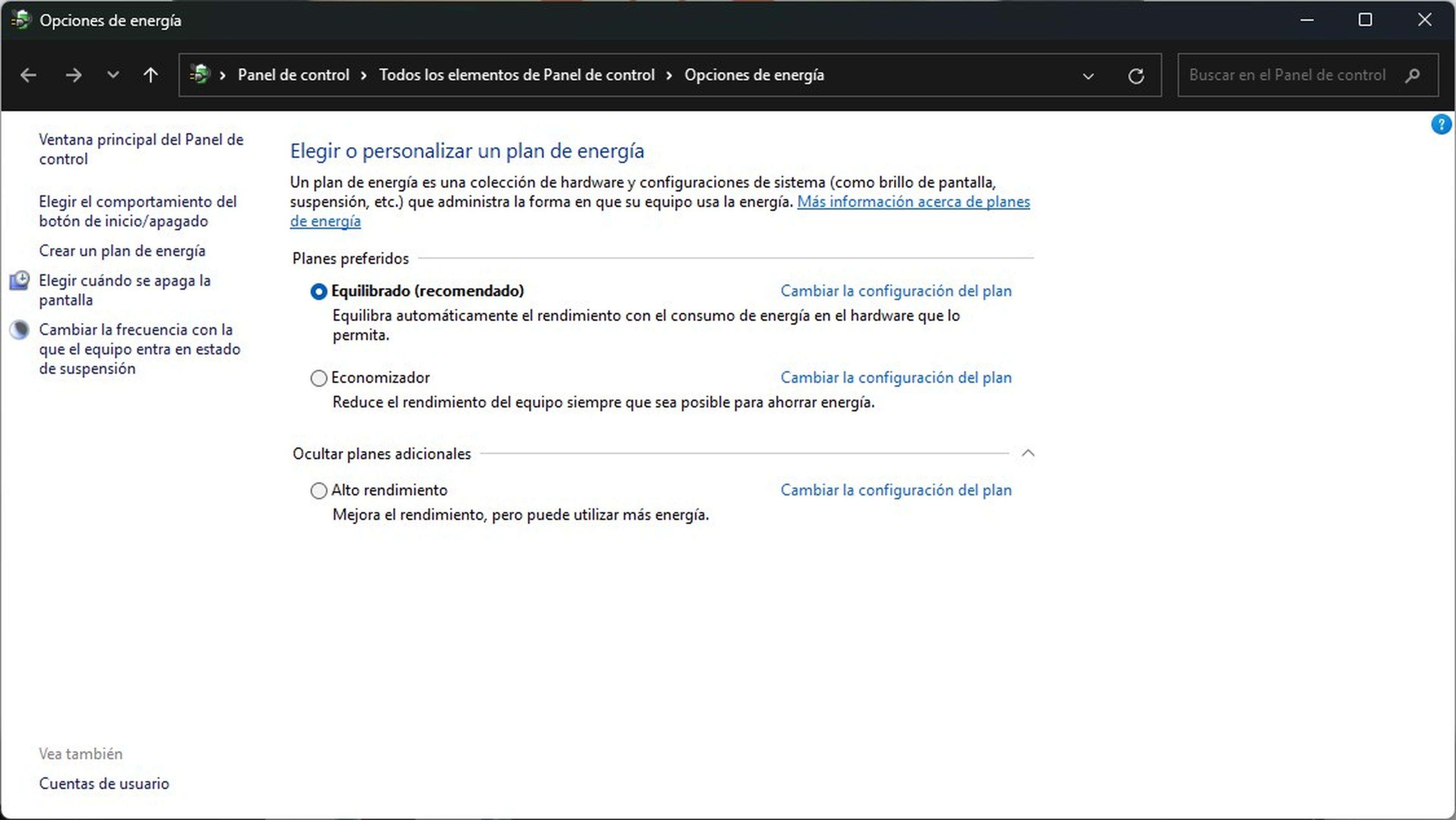 Resucita tu PC antiguo: 6 cambios para que Windows 11 funcione como un cohete (incluso sin hardware nuevo) 17 Ajusta el plan de energía a "Alto rendimiento"