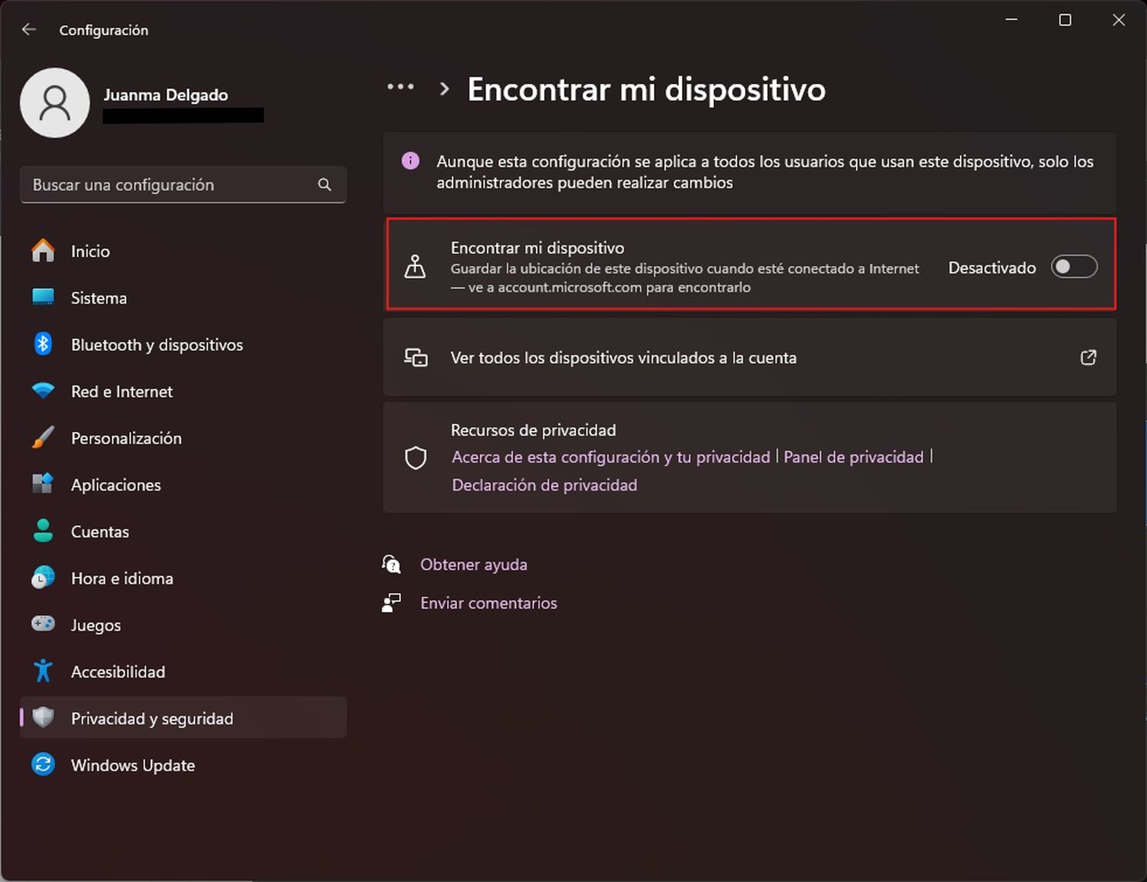 Activar la función Encontrar mi dispositivo