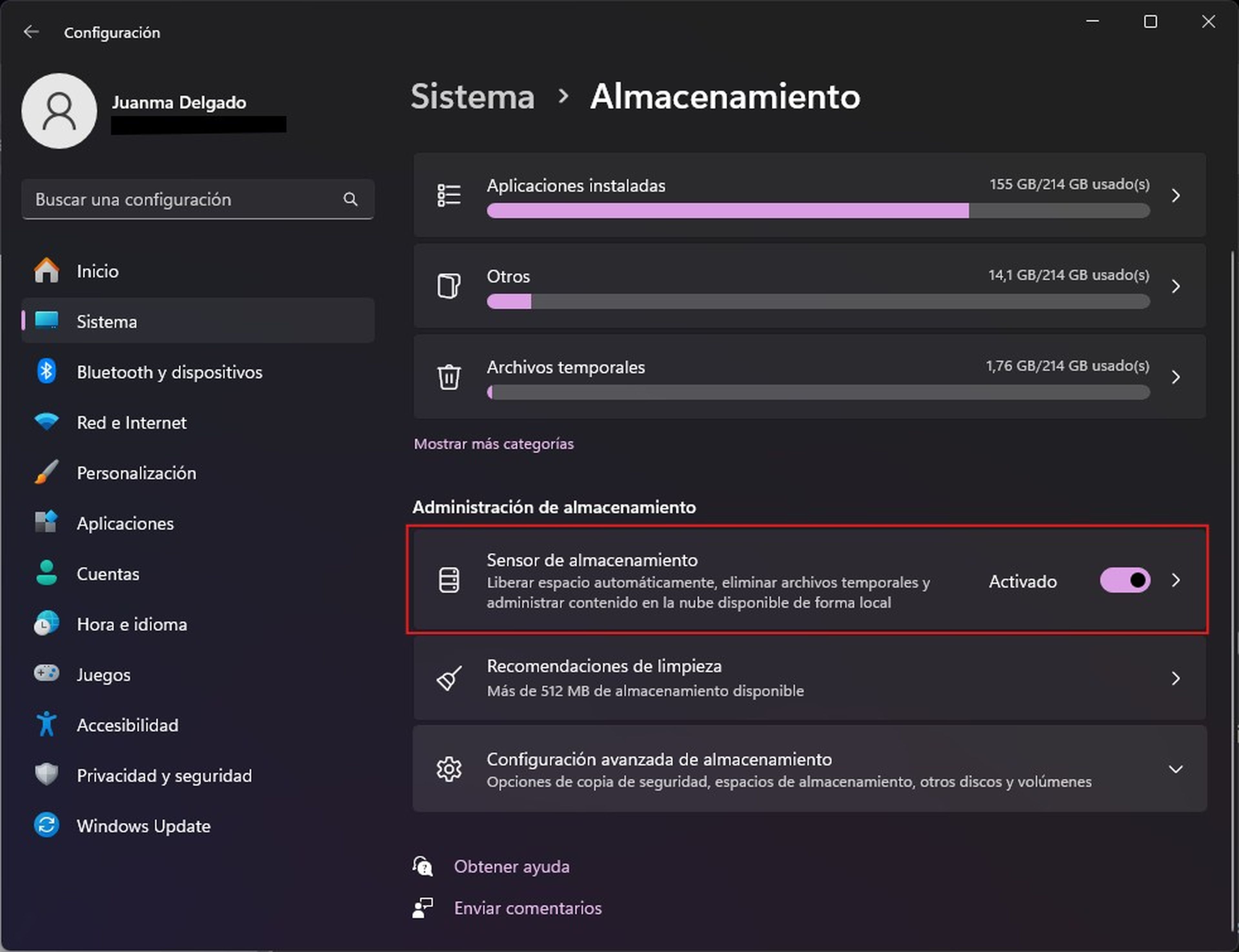 Activar el Sensor de almacenamiento