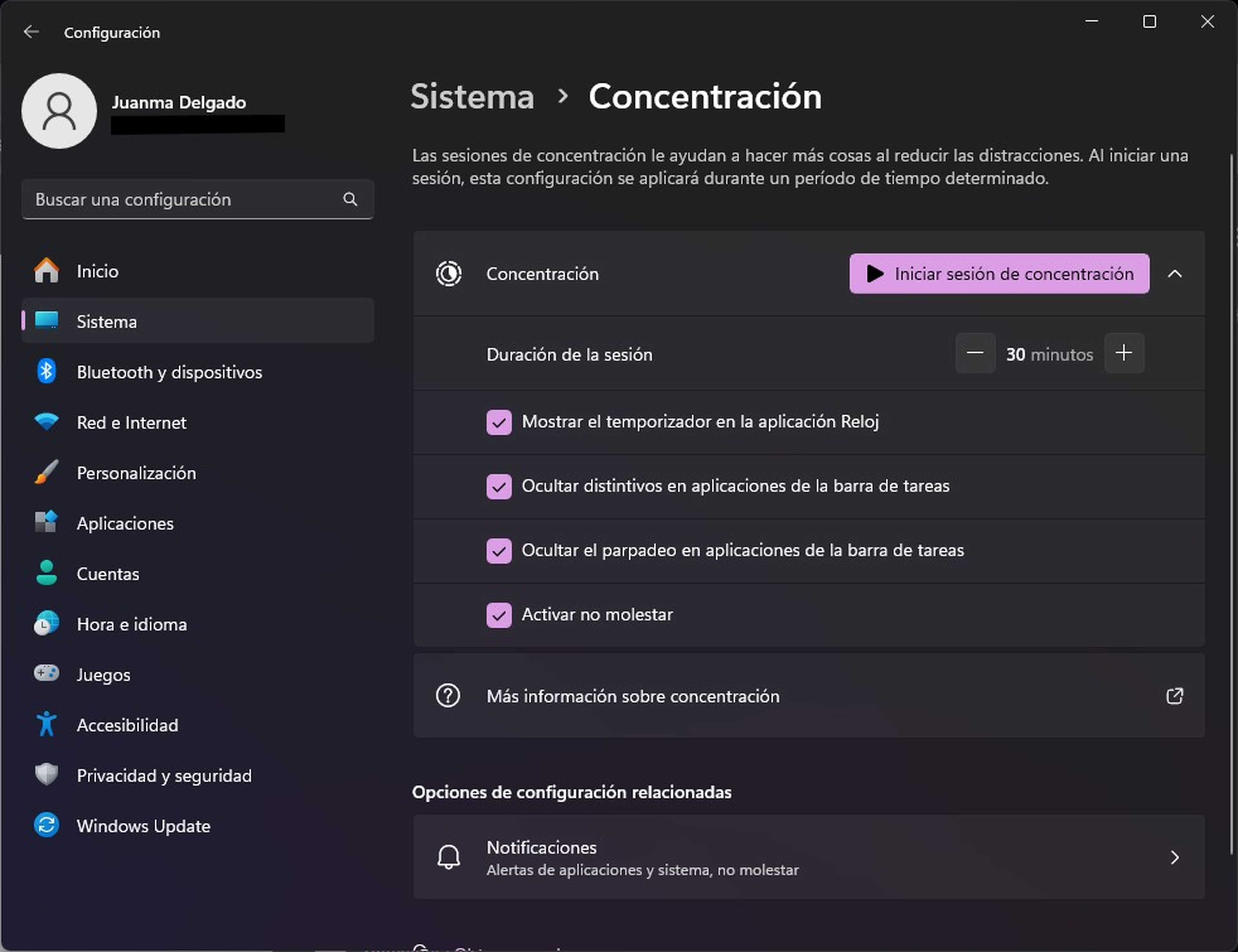 Configurar el Asistente de concentración