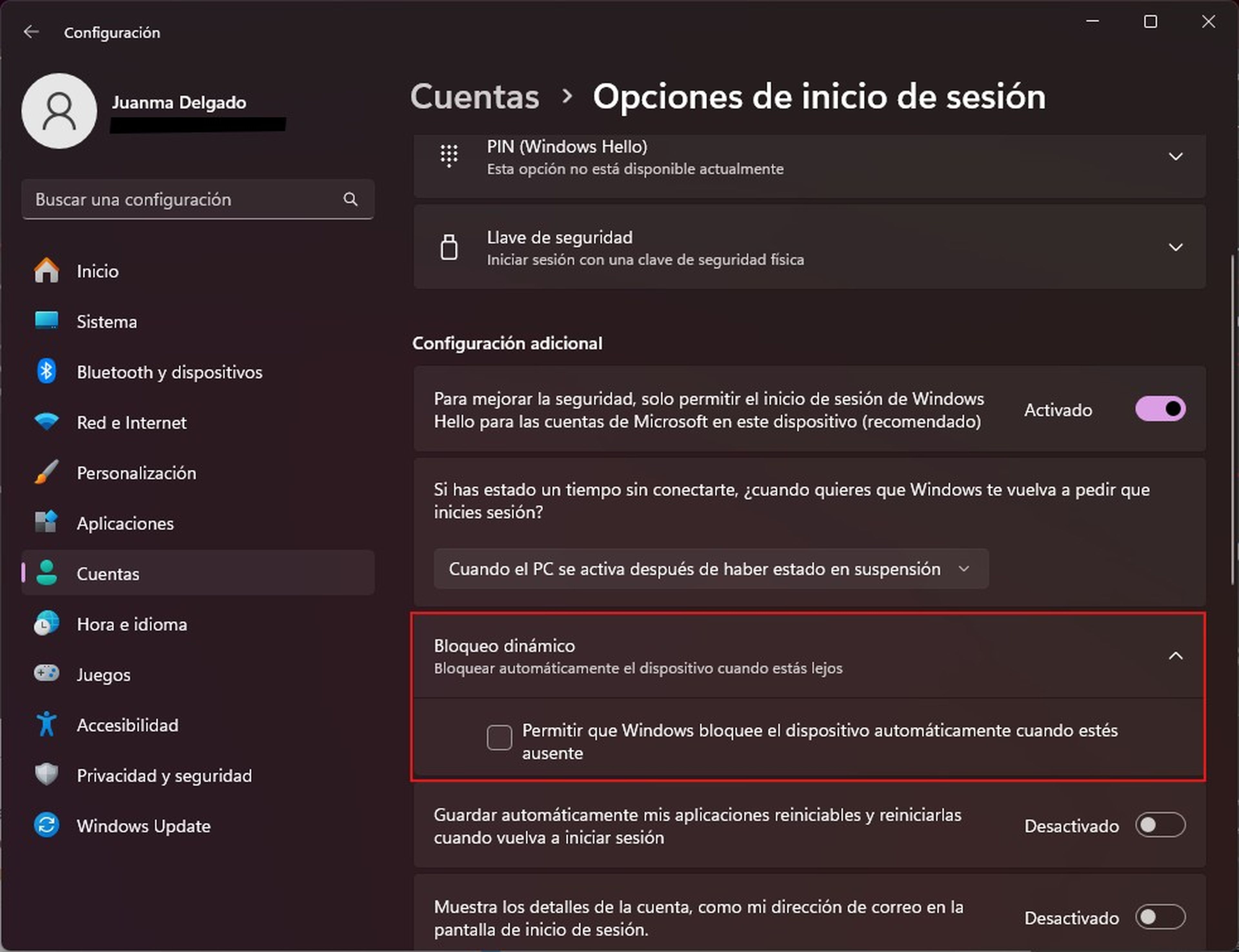 Habilitar el bloqueo dinámico