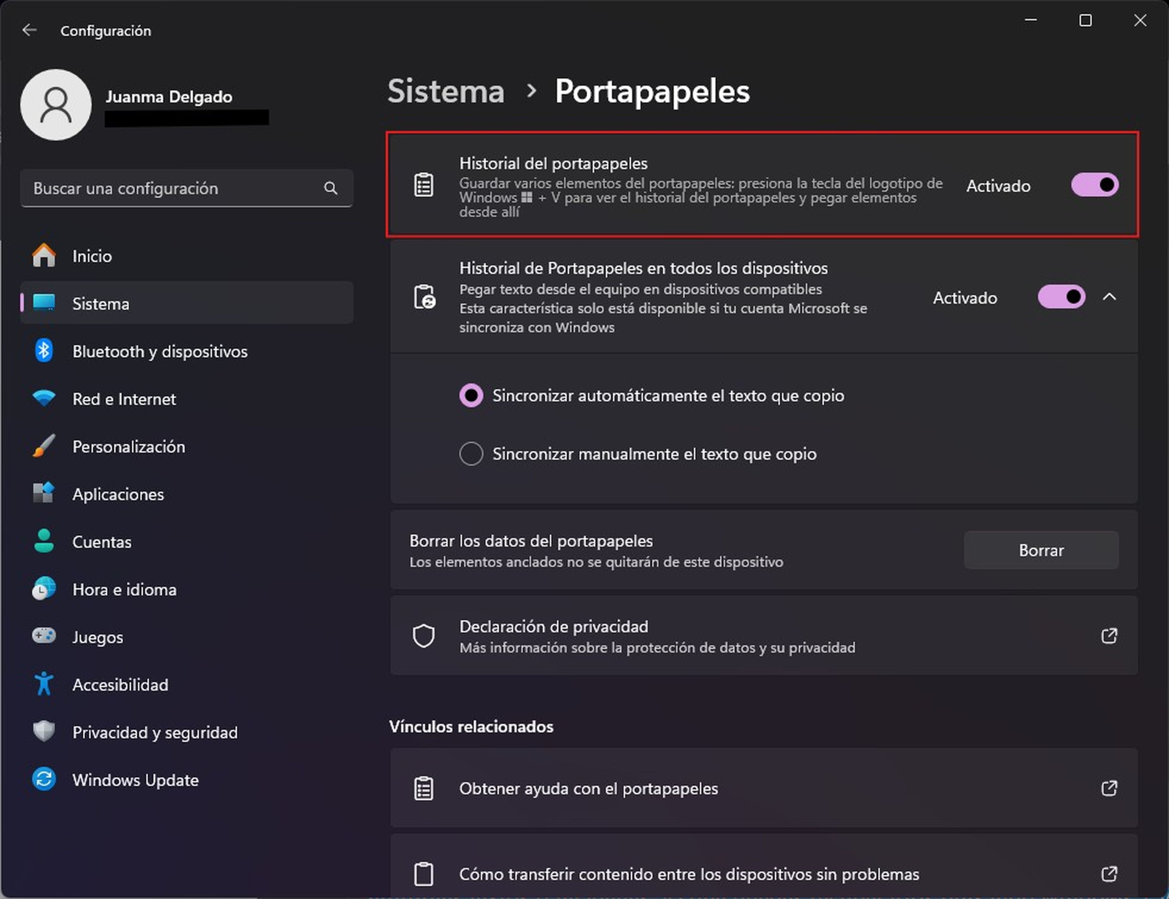 Habilitar el historial del portapapeles