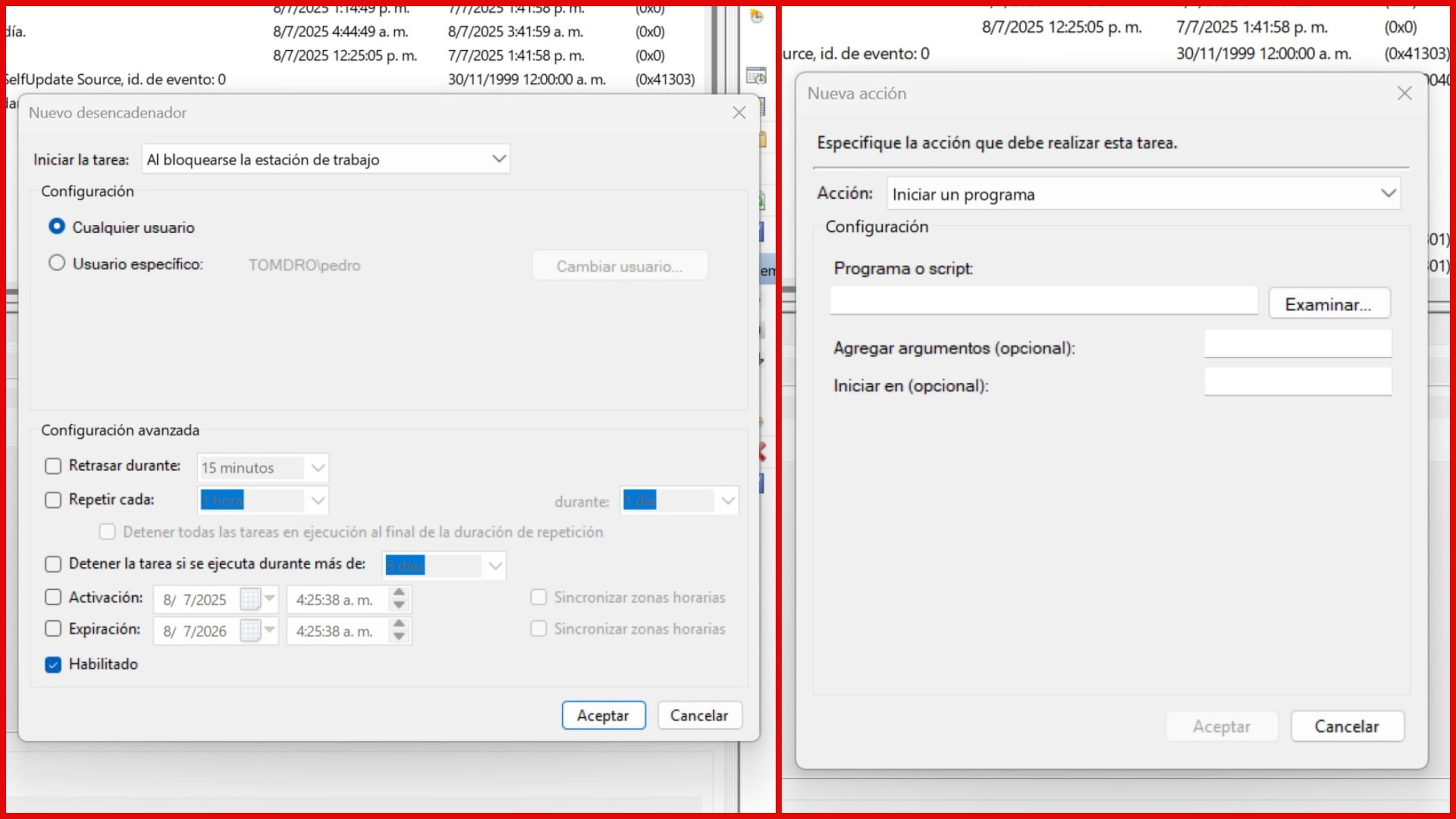 Modificar acción en Programa de Tareas