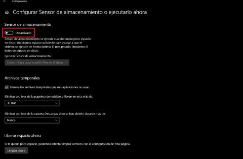 Sensor de Almacenamiento Windows 10